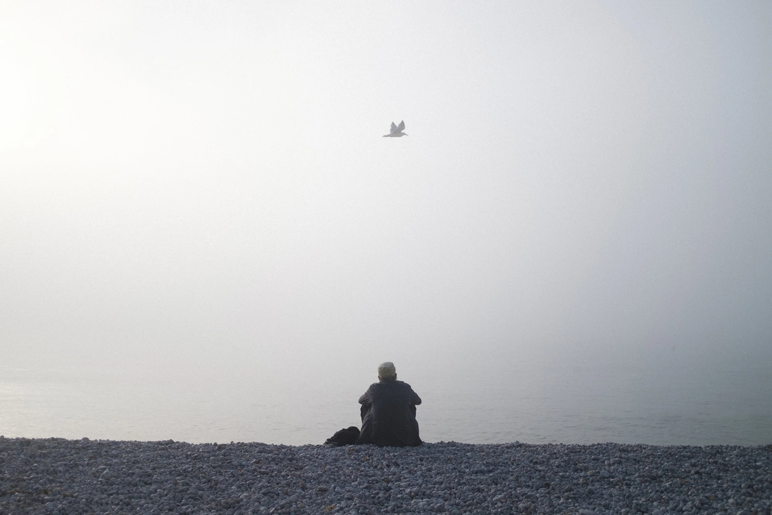 Personne assise sur une plage de galets regardant la mer, enveloppée de brouillard, avec un avion volant dans le ciel
