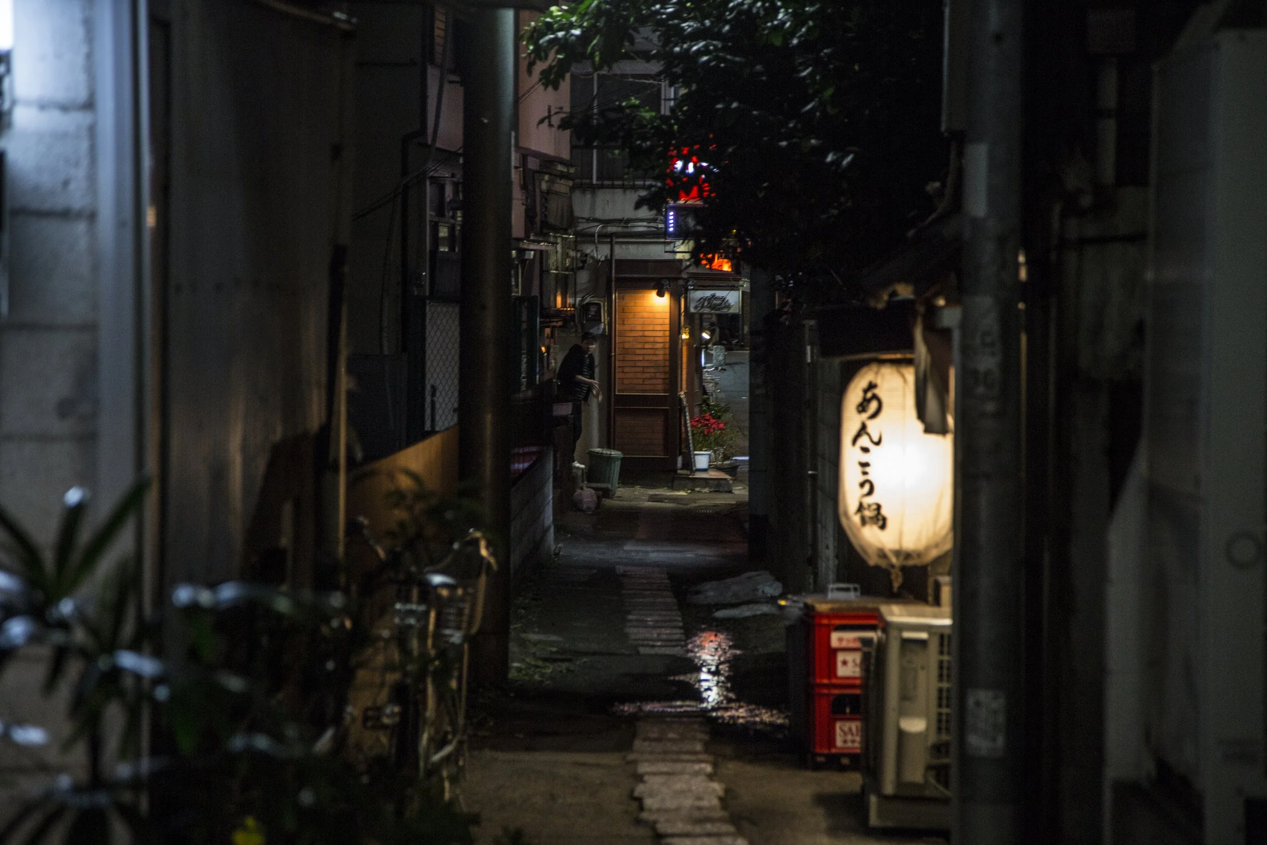 Une ruelle sombre éclairée par des lampes, avec des murs en bois et un lampion japonais suspendu, créant une ambiance nocturne dans un quartier résidentiel japonais.