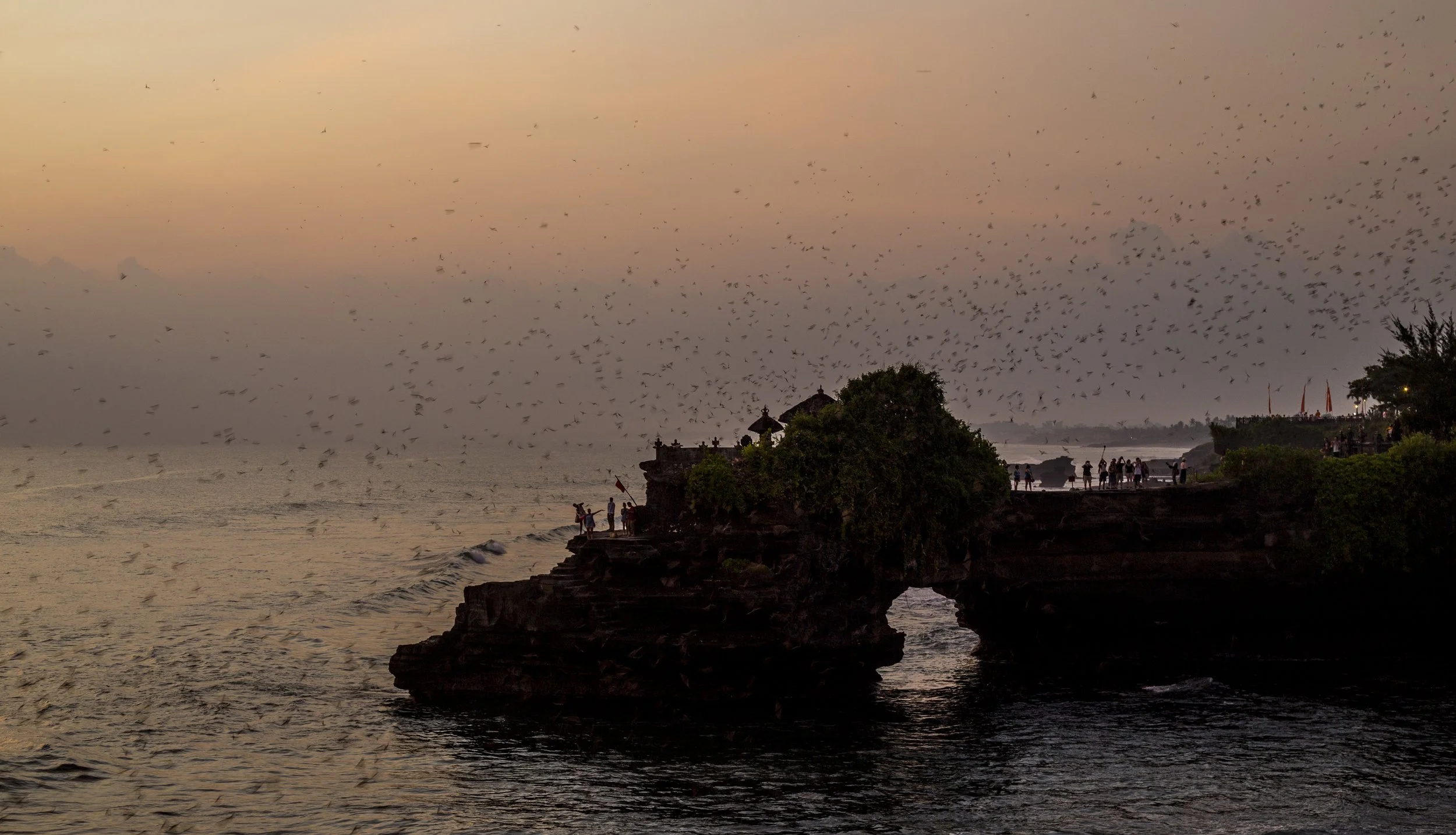 Coucher de soleil sur la mer avec un groupe de personnes et des oiseaux volant dans le ciel.