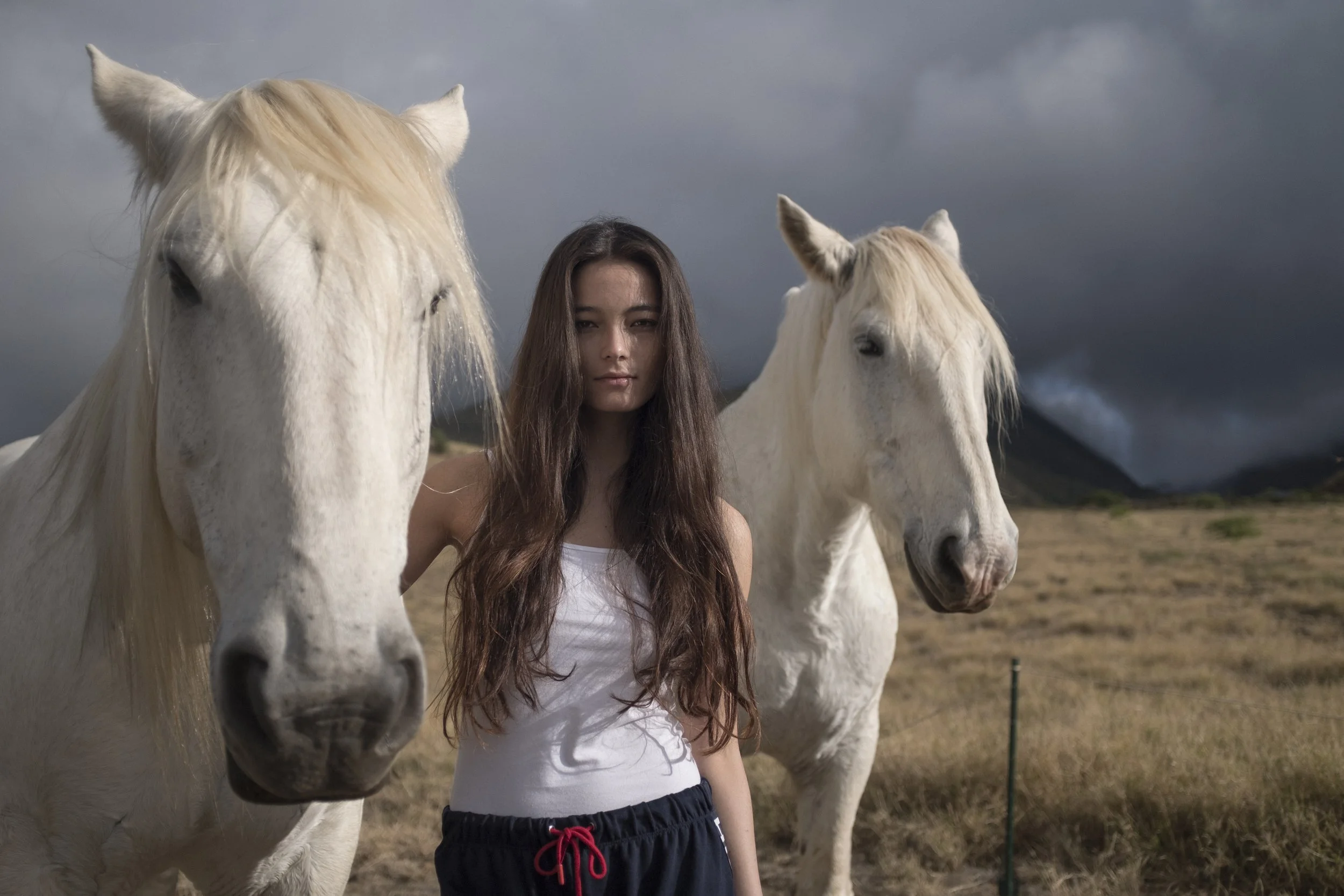 Une jeune femme avec deux chevaux blancs dans un champ sous un ciel nuageux.