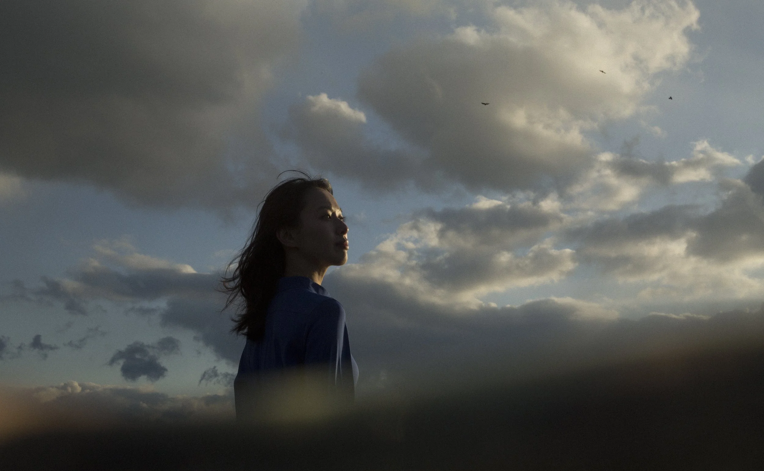 Femme regardant le ciel avec des nuages, éclairage dramatique, oiseaux au loin.