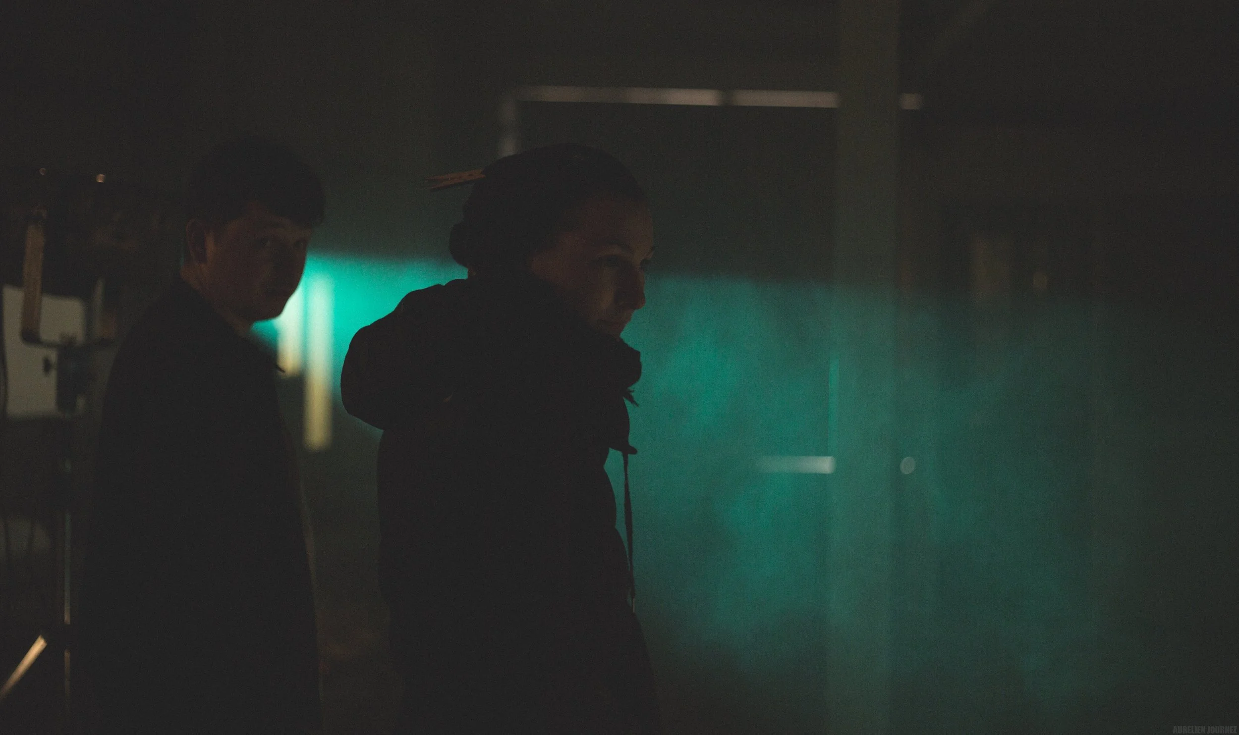 Deux personnes en profil dans l'obscurité avec une lumière verte en arrière-plan.