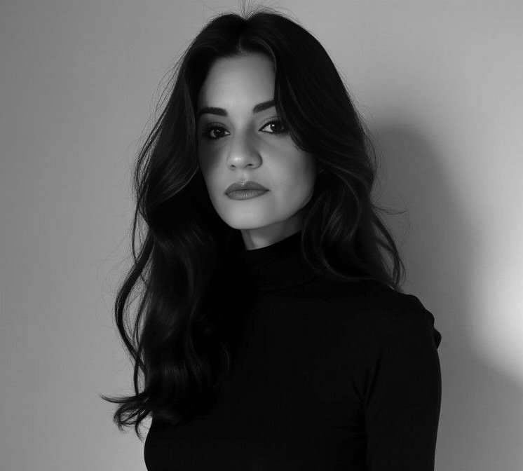 Black and white portrait of a woman with long wavy hair wearing a high-neck top, looking confidently at the camera.