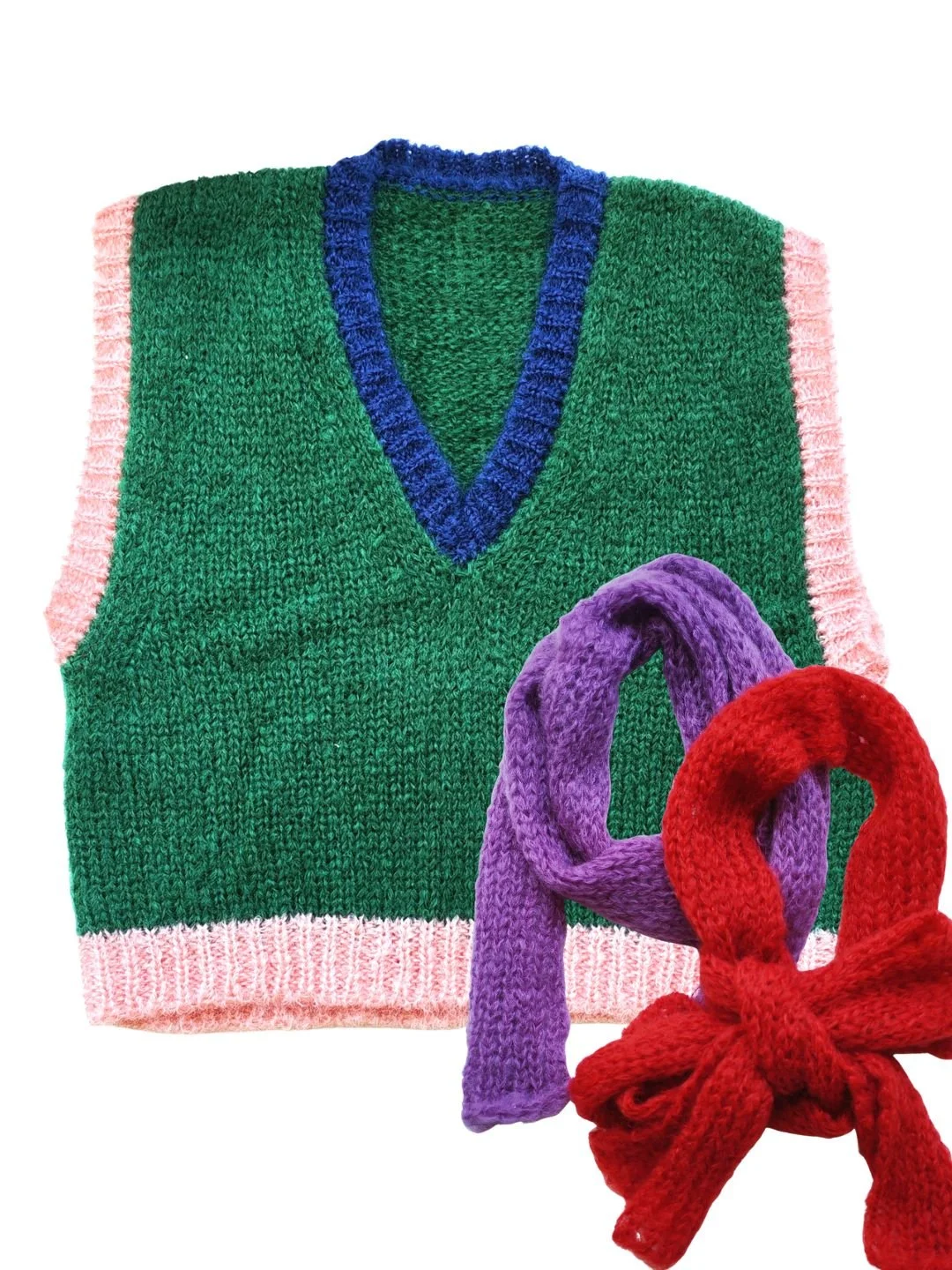 Colorful sleeveless mohair sweater with pink, green, and blue accents, paired with purple and red knitted skinny scarves