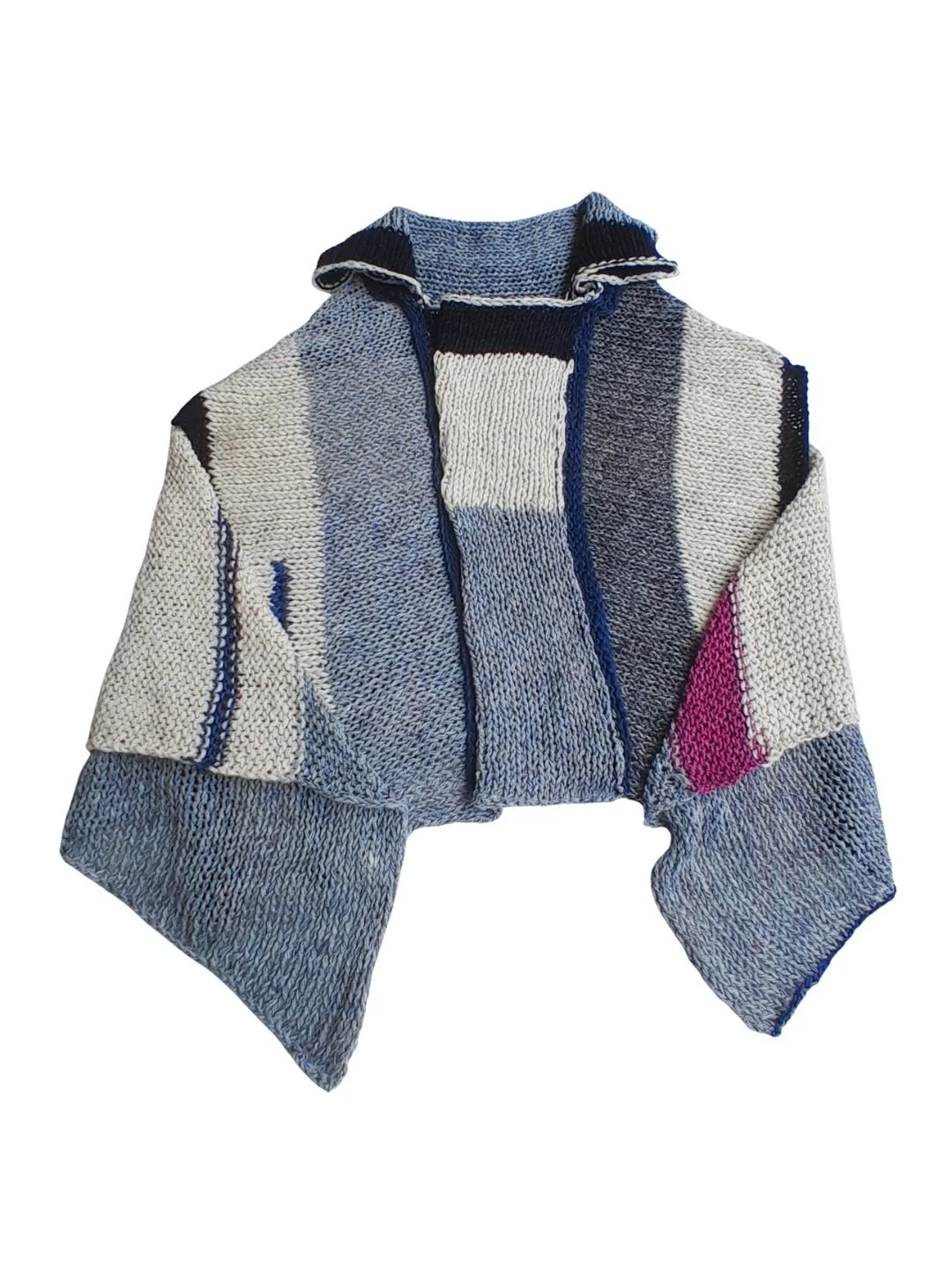 Colorful knitted jacket with various color blocks and patterns, featuring shades of blue, white, black, gray, and a touch of pink.