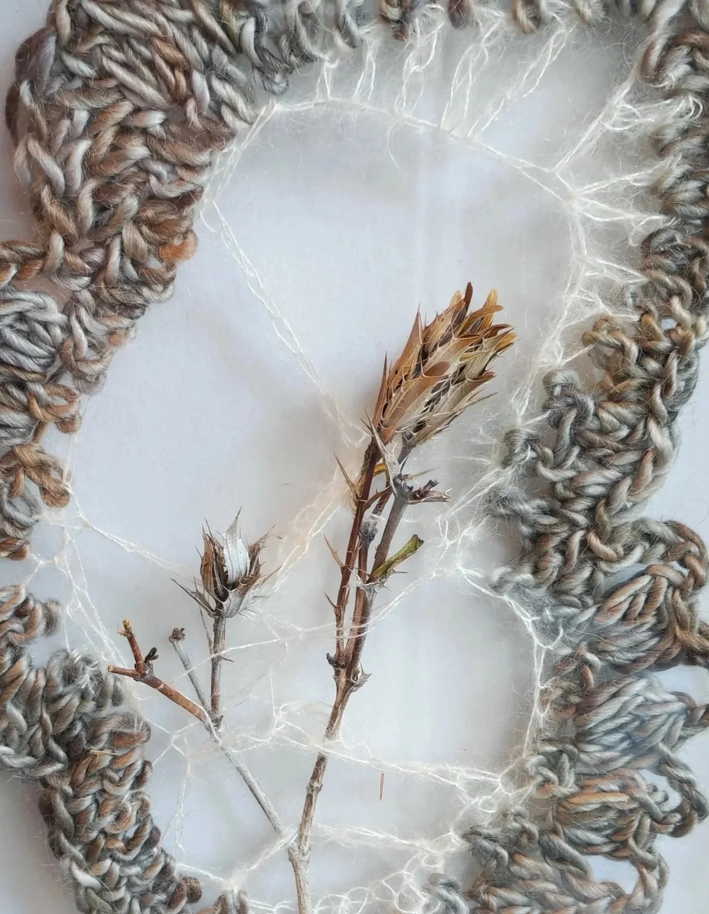A close-up of a piece of textile art, showing a dried cluster of vegetation suspended in a delicate crocheted web inside a frame crocheted from eco-printed yarn.