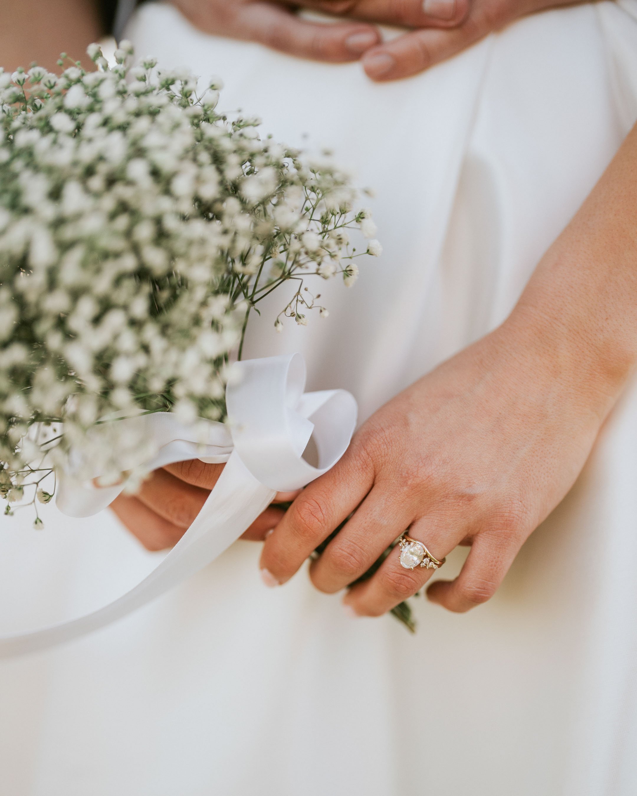 Close-up of a hand with a wedding ring, holding a bouquet of small white flowers, against a woman wearing a white dress.