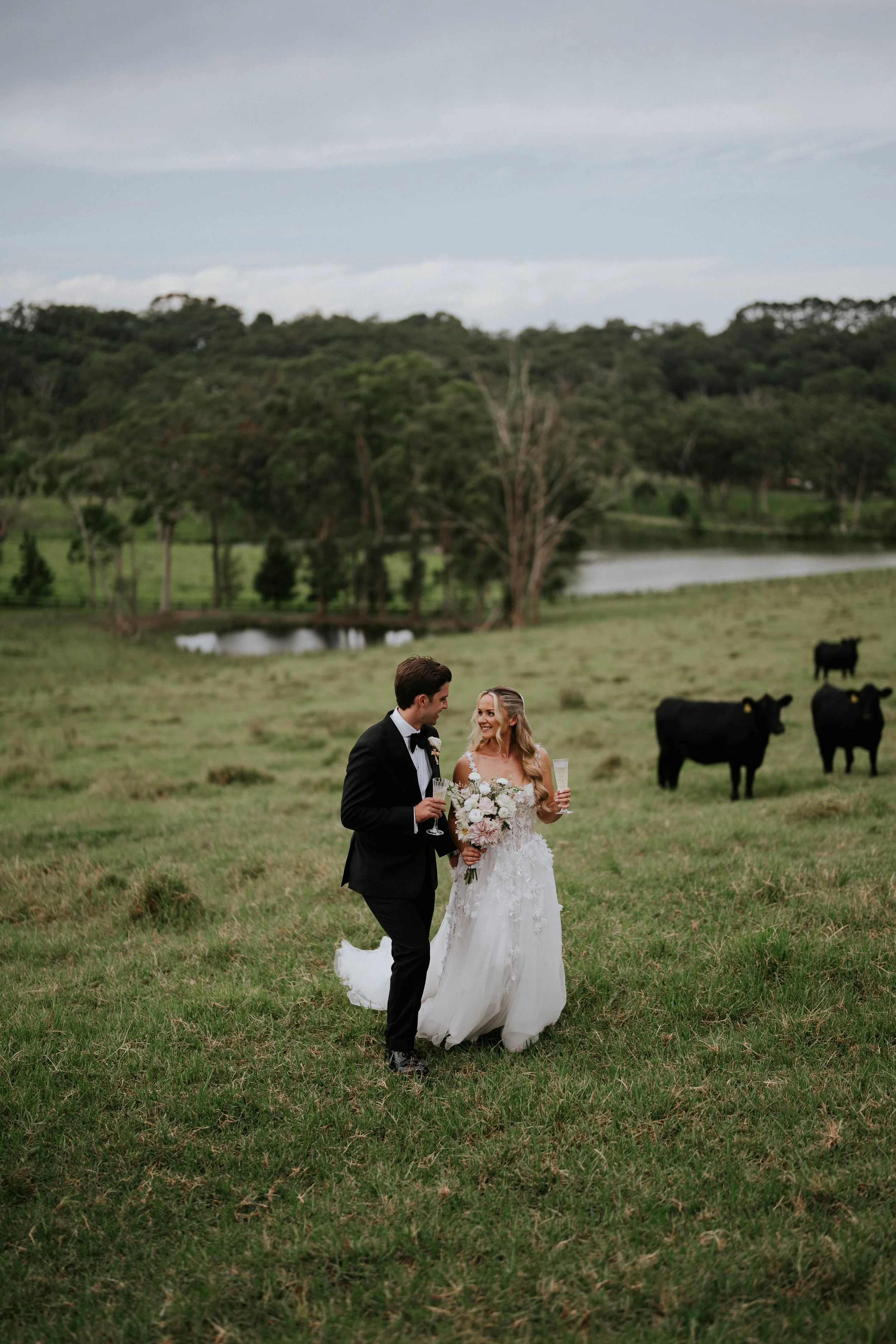 A bride and groom walking together in a green field, holding glasses, with cows and trees in the background, during daytime.