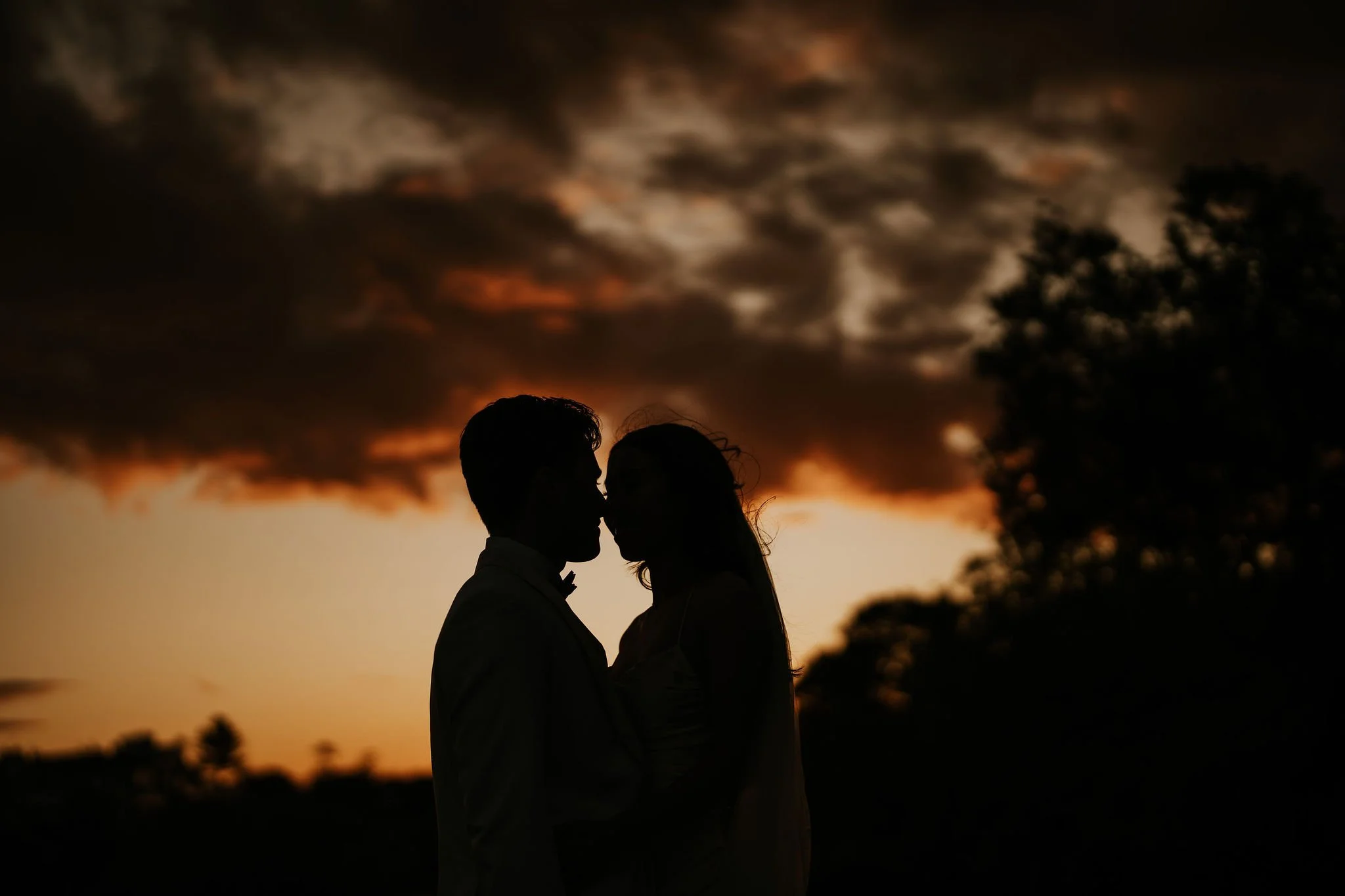 Silhouette of a couple kissing outdoors during sunset with dark clouds and trees in the background.
