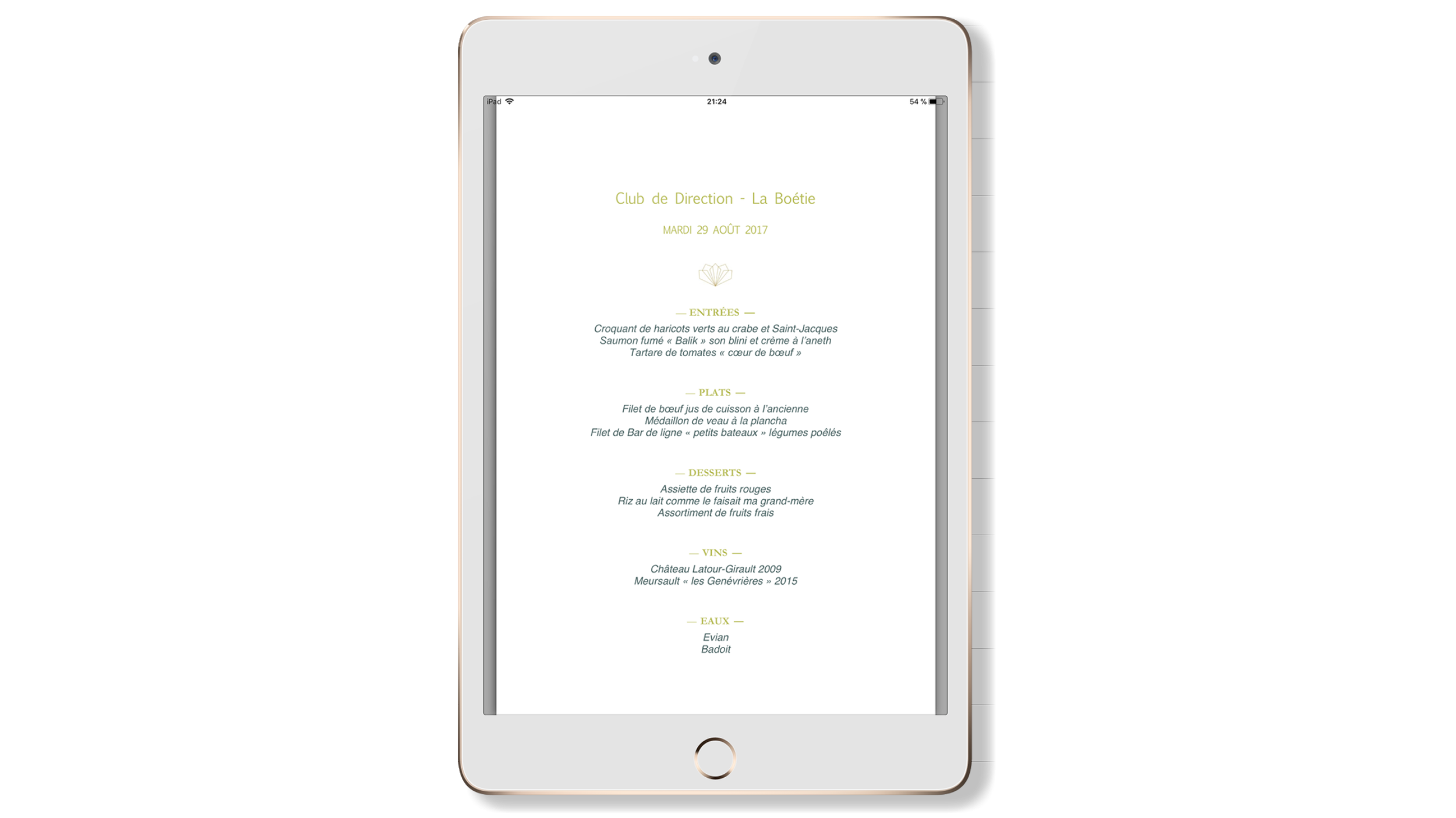 Page de menus, club de direction La Boétie, Sanofi-Aventis Groupe