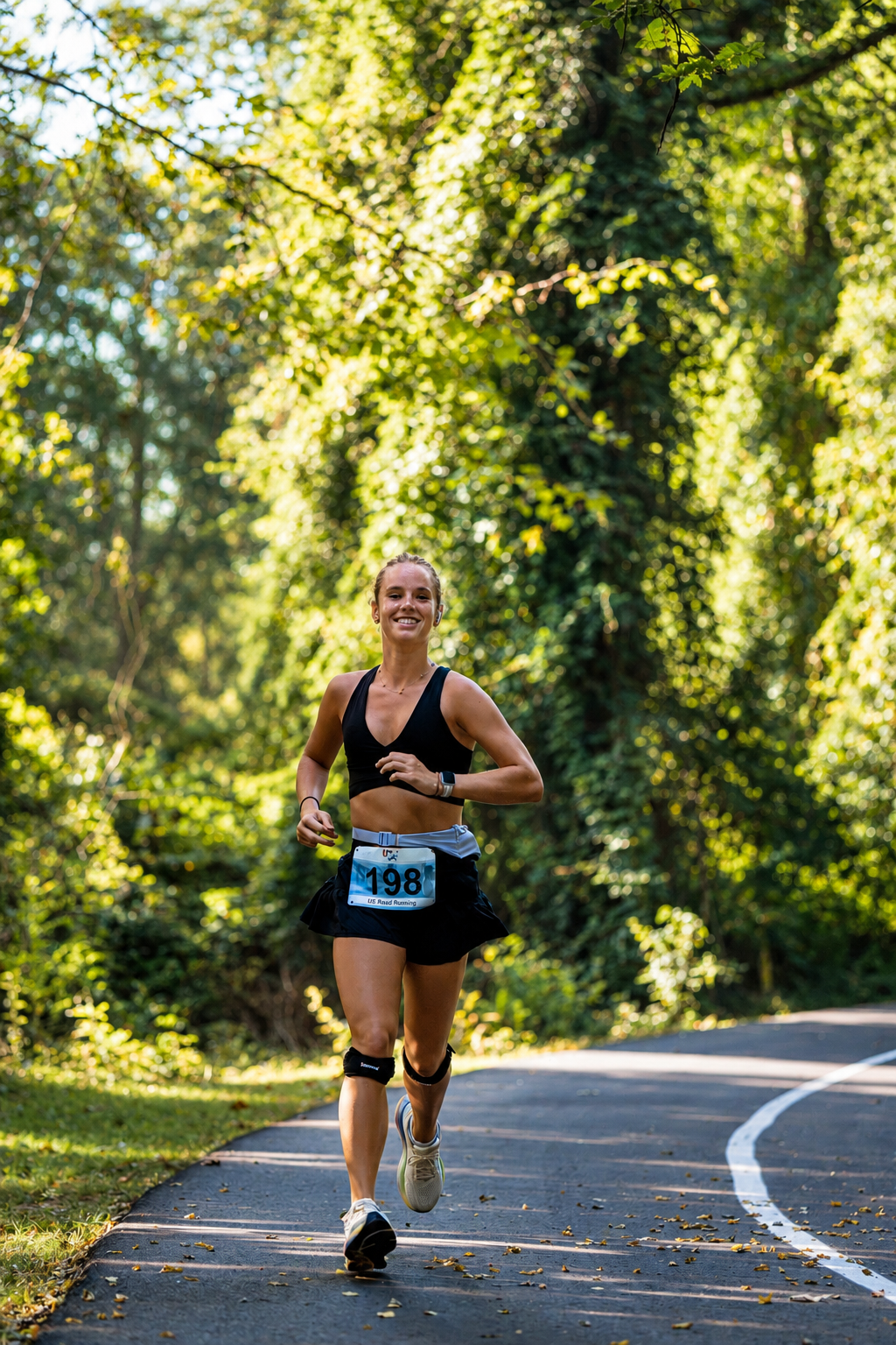 Runner wearing race bib 198 on a tree-lined paved course