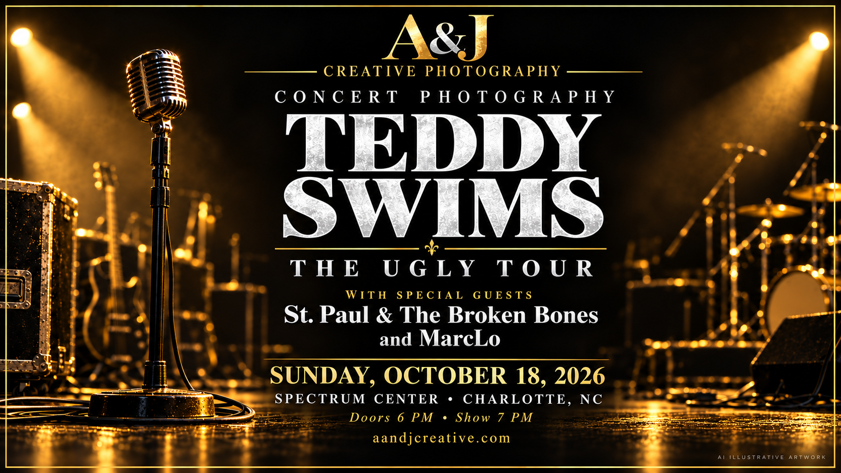 A&J Creative Photography landscape poster for Teddy Swims — The UGLY Tour, with St. Paul & The Broken Bones and MarcLo. October 18, 2026, Spectrum Center, Charlotte. Doors 6 PM; show 7 PM. Black, white and gold AI-illustrated stage artwork.