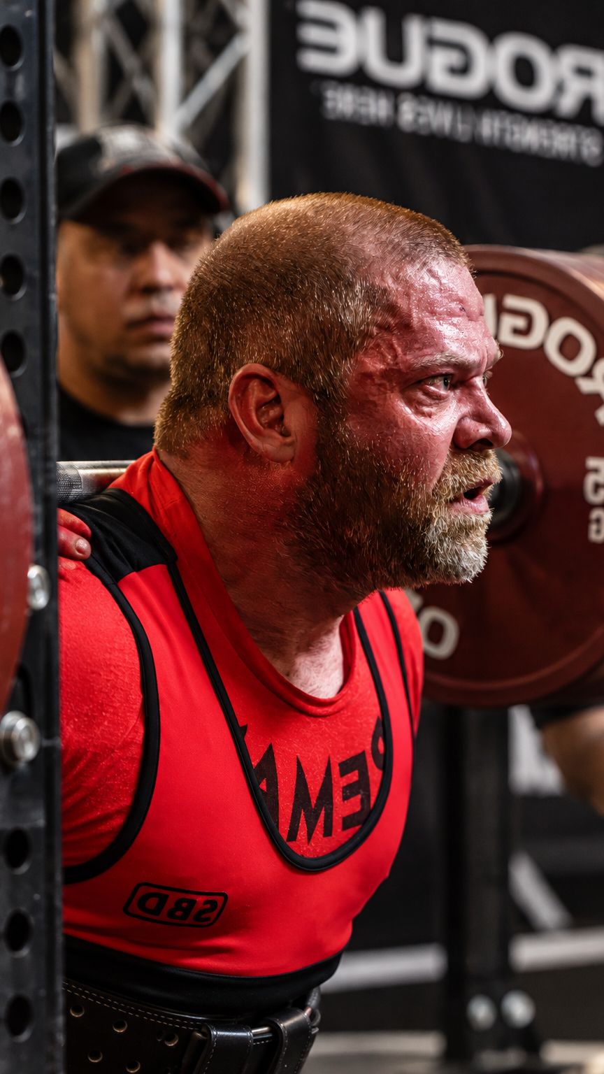 Close-up of a powerlifter in a red singlet preparing beneath a loaded barbell