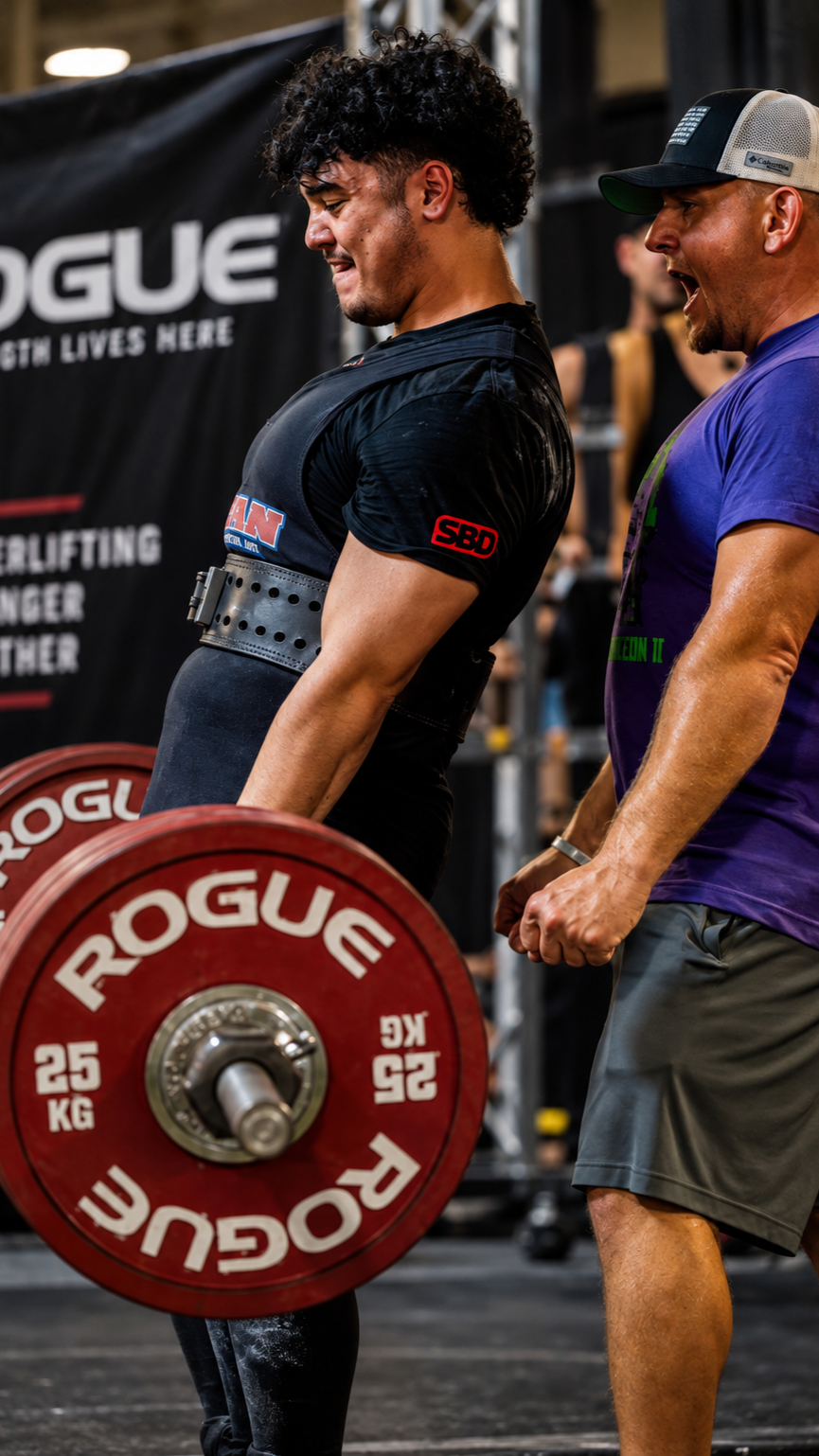 Powerlifting competitor holding a loaded barbell at the top of a deadlift
