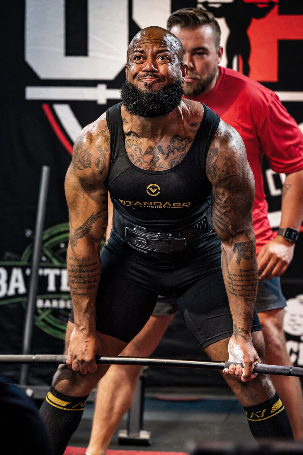 Powerlifter lifting a barbell during a deadlift competition