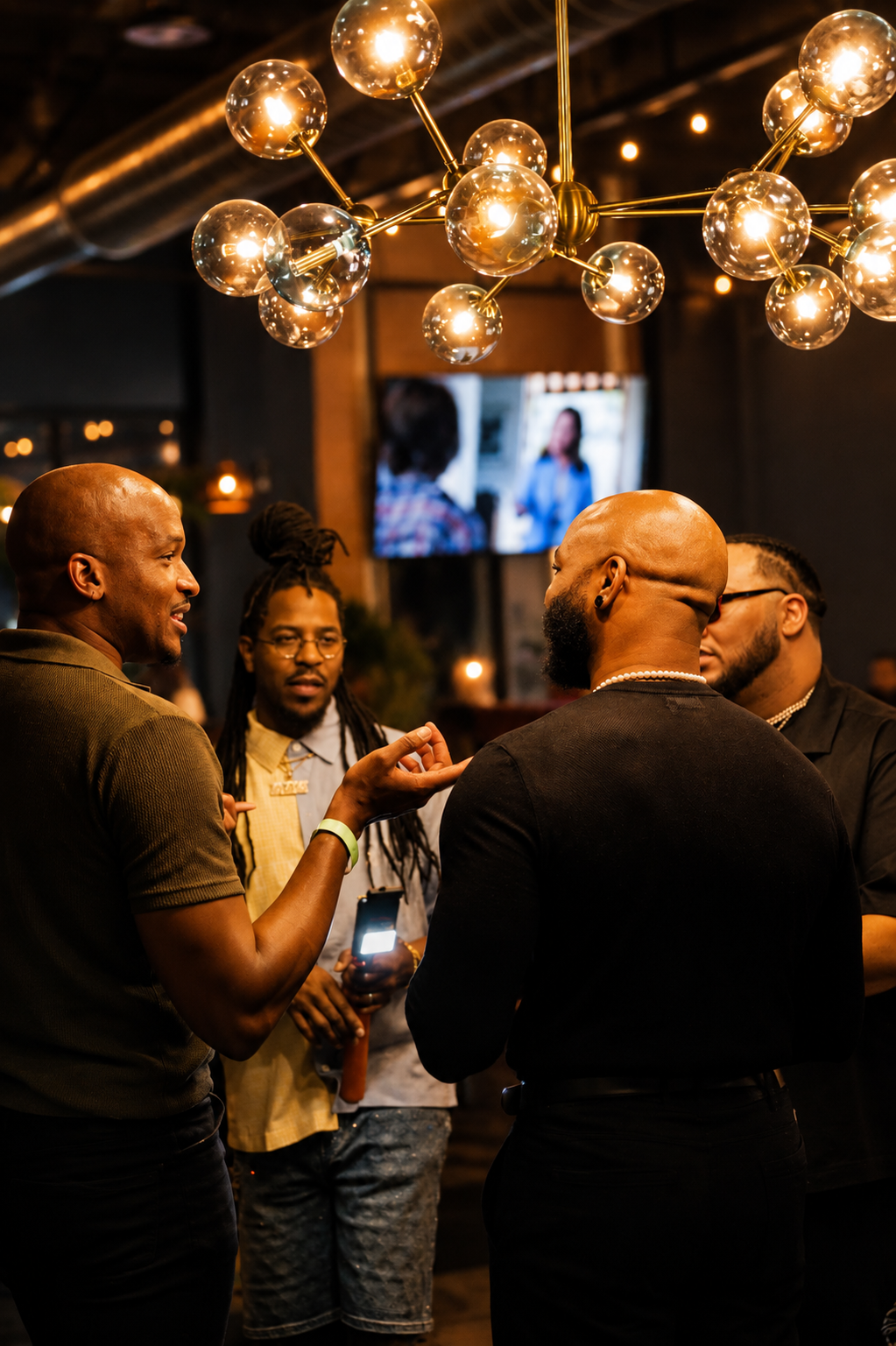 Guests talking beneath globe pendant lights at an indoor event