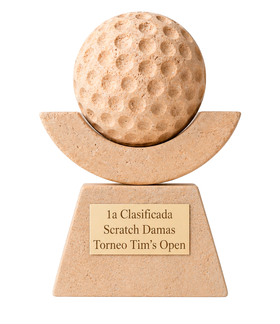 Trofeo de un balón de golf y una base de piedra con placa que dice "la Clasificada Scratch Damas Torneo Tim's Open".