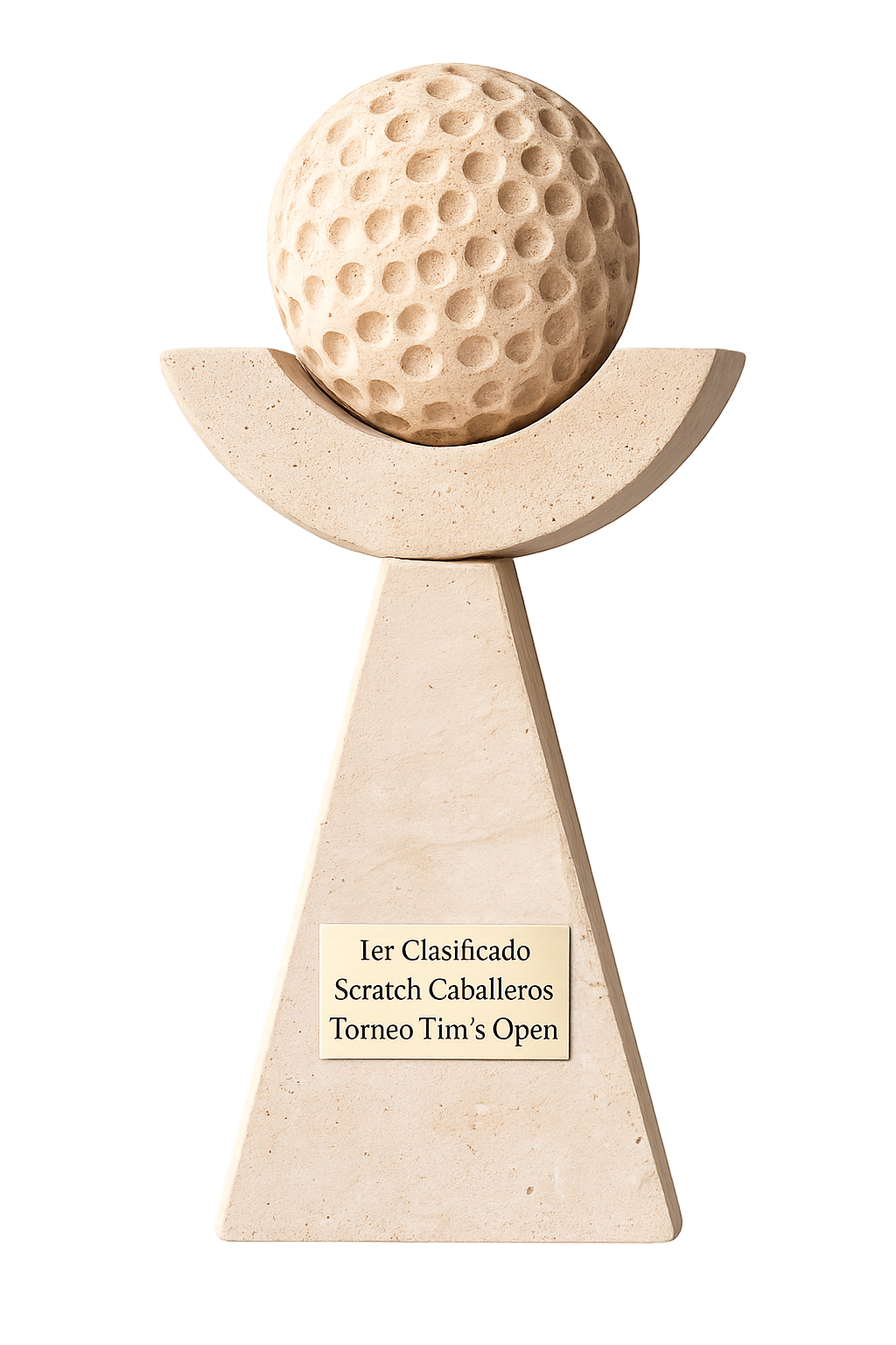 Trofeo con un balón de golf en la parte superior y una base de piedra con una placa que dice '1er Clasificado Scratch Caballeros Torneo Tim's Open'.