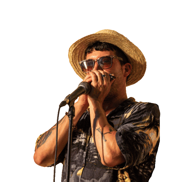 Persona tocando la armónica con un sombrero de paja, gafas de sol y ropa de estilo tropical.
