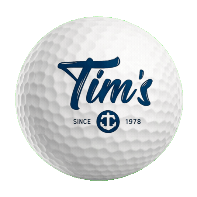 Pelota de golf con el logo y nombre de 'Tim's', con ancla, y la leyenda 'since 1978'.