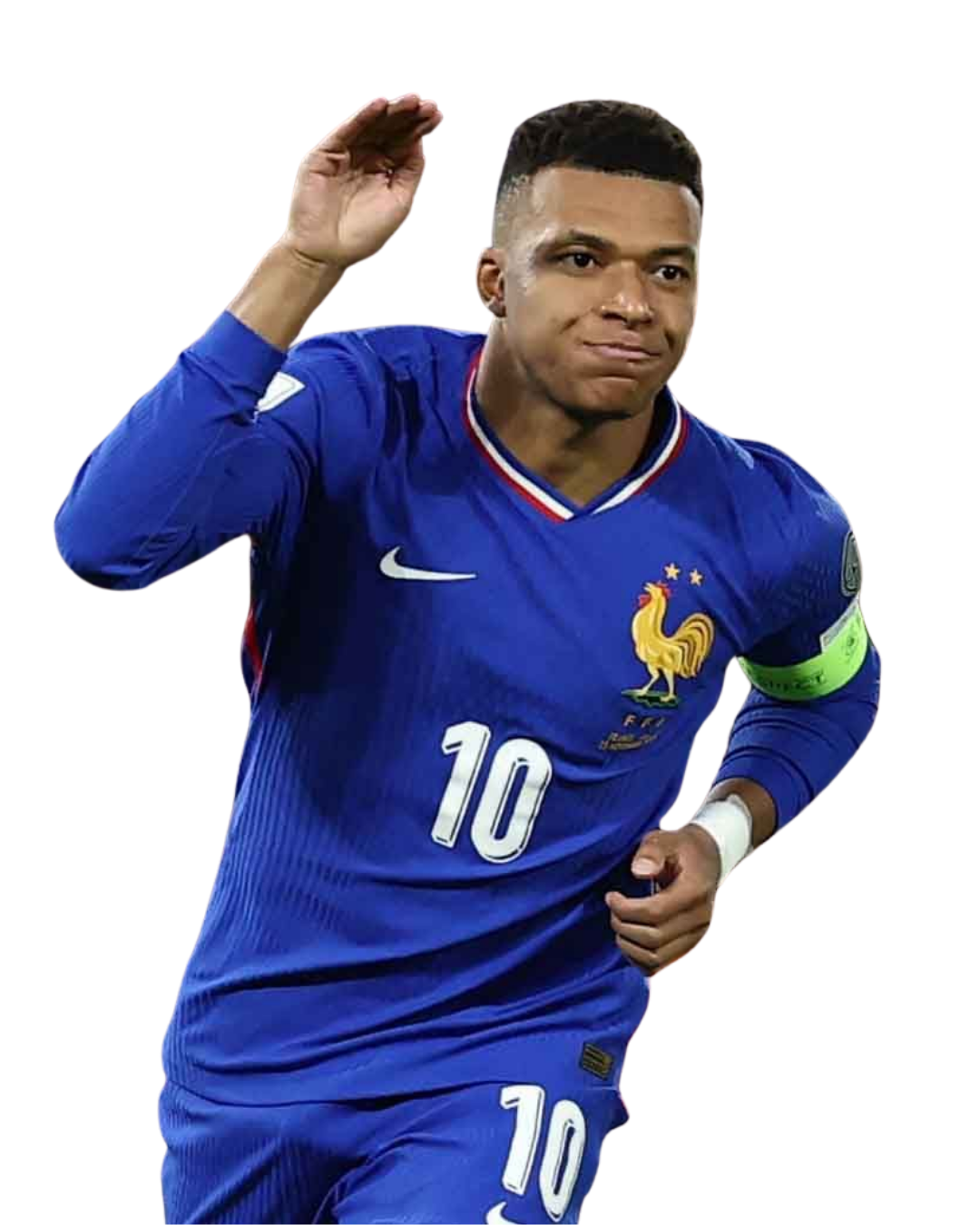 Jugador de fútbol con uniforme azul, número 10, celebrando y saludando con la mano derecha en la cabeza, lleva un brazalete verde y el escudo de la selección francesa.