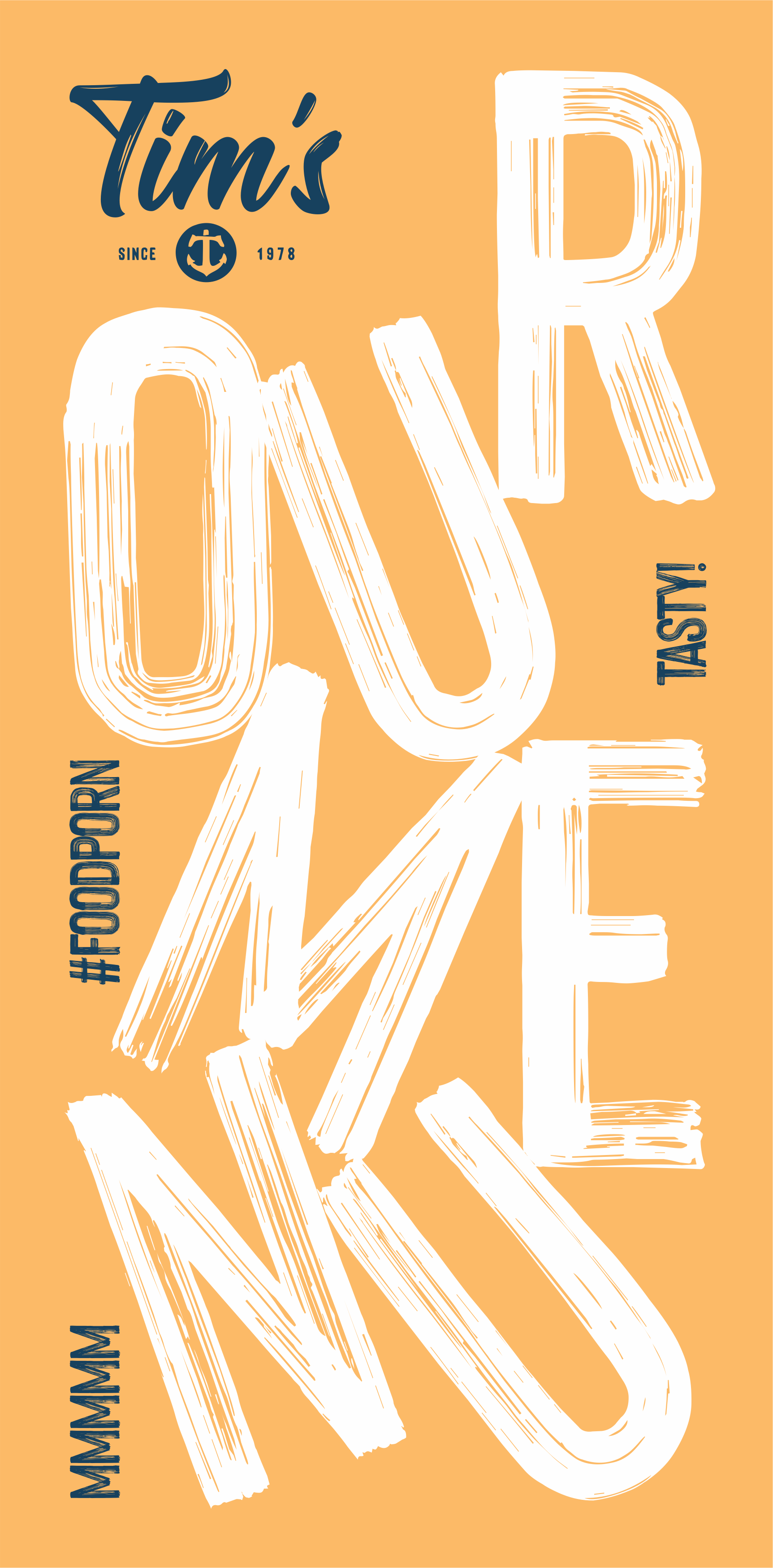 Diseño con letras grandes y blancas que dicen 'LOVE' sobre fondo naranja, con palabras en negro como 'Tim's', '#foodporn', 'STAY', 'www', y 'since 1978'.