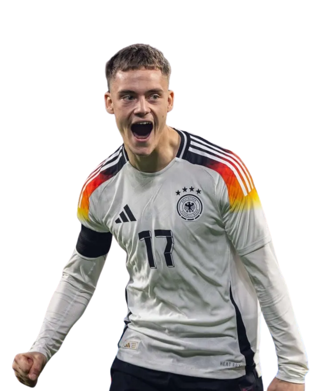 Jugador de fútbol alemán disfrutando y celebrando, usando uniforme con el escudo de Alemania y el número 17