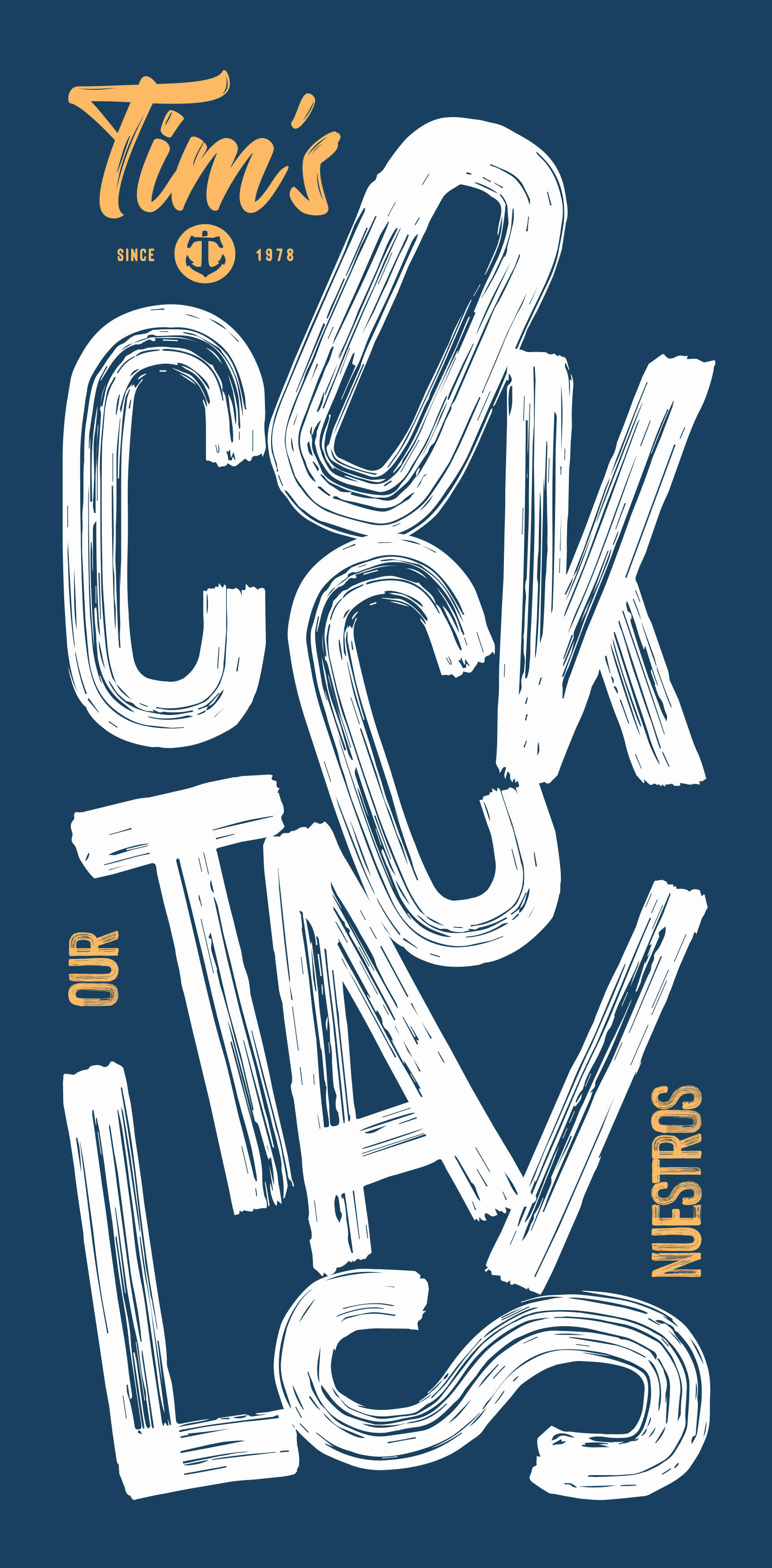 Diseño gráfico con letras grandes y blancas que dicen 'LÁTEO' en fondo azul oscuro, con palabras en amarillo que dicen 'Tim's', 'SINCE 1978', y 'NUESTRAS' en posición vertical.