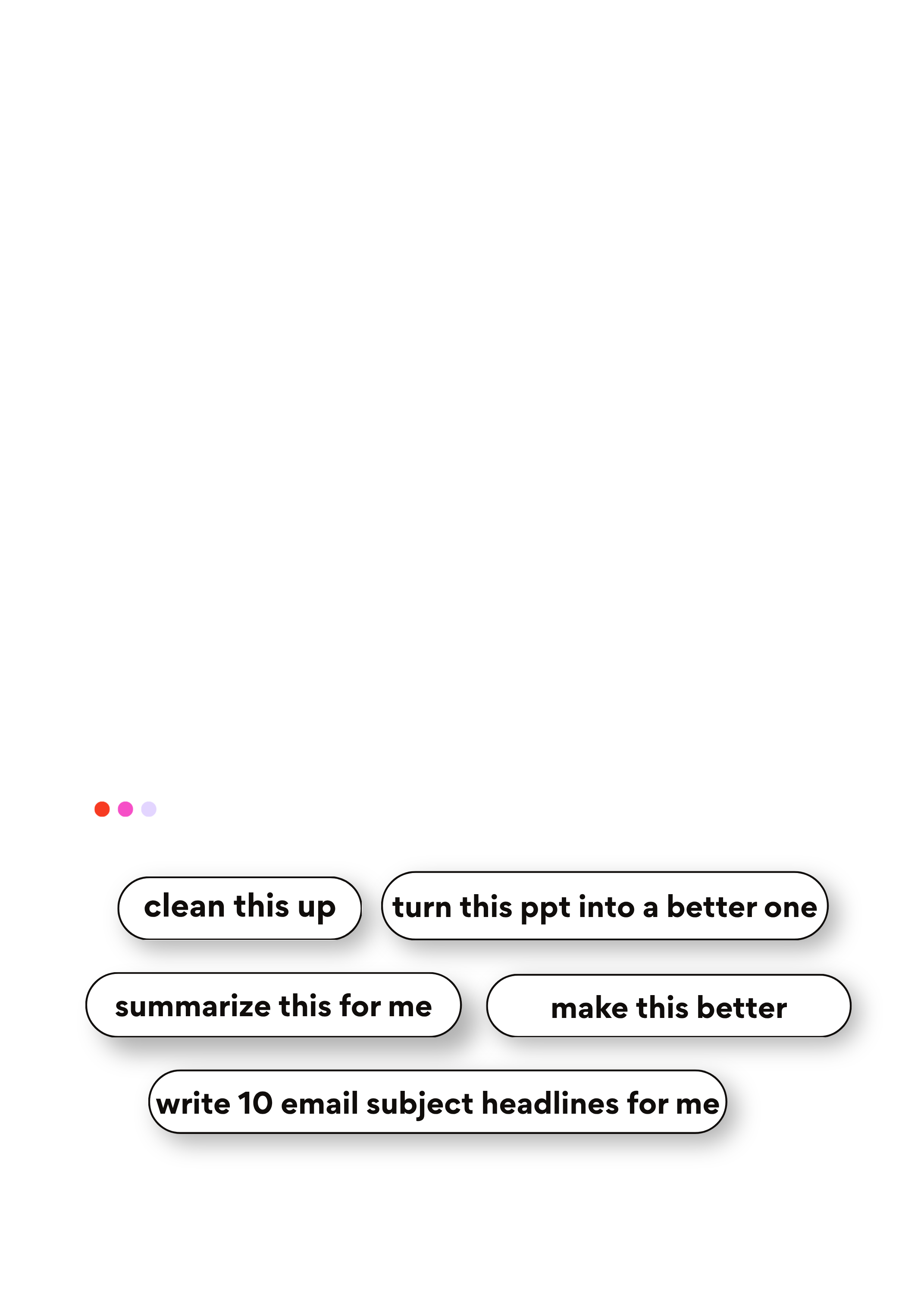 Screenshot of a PowerPoint editing app interface, showing a slide with various text boxes and buttons for editing, including options to clean up, summarize, and write email subject lines.