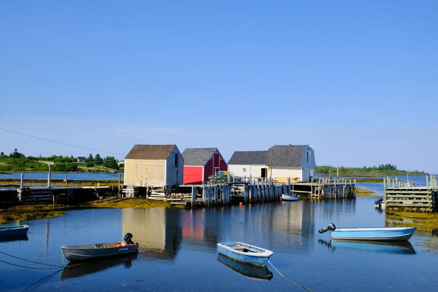 Fishing boats moored in a quiet South Shore harbour