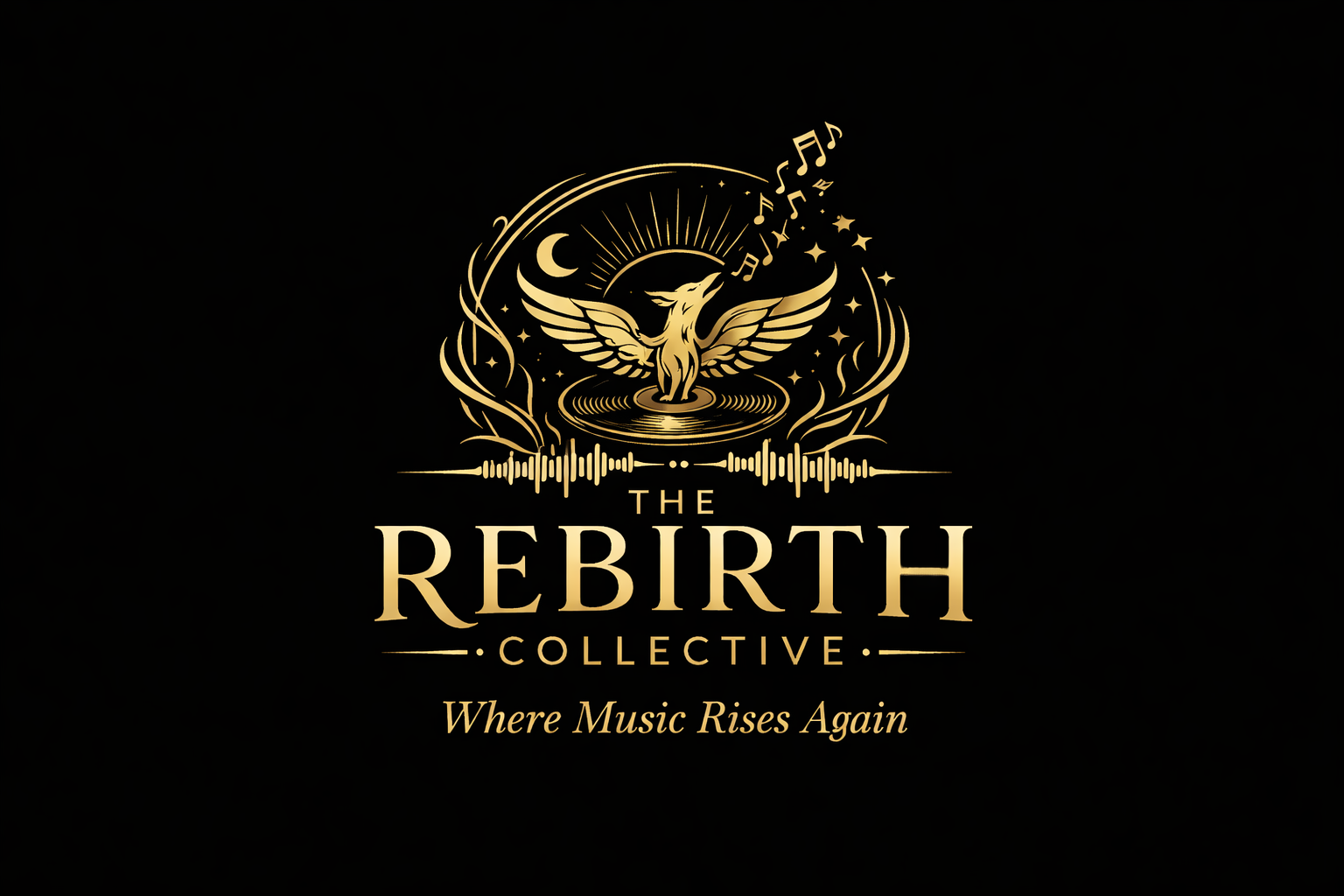 Gold and black logo featuring a winged mythical creature, musical notes, a crescent moon, and sound wave graphics with the text 'The Rebirth Collective' and the slogan 'Where Music Rises Again'.