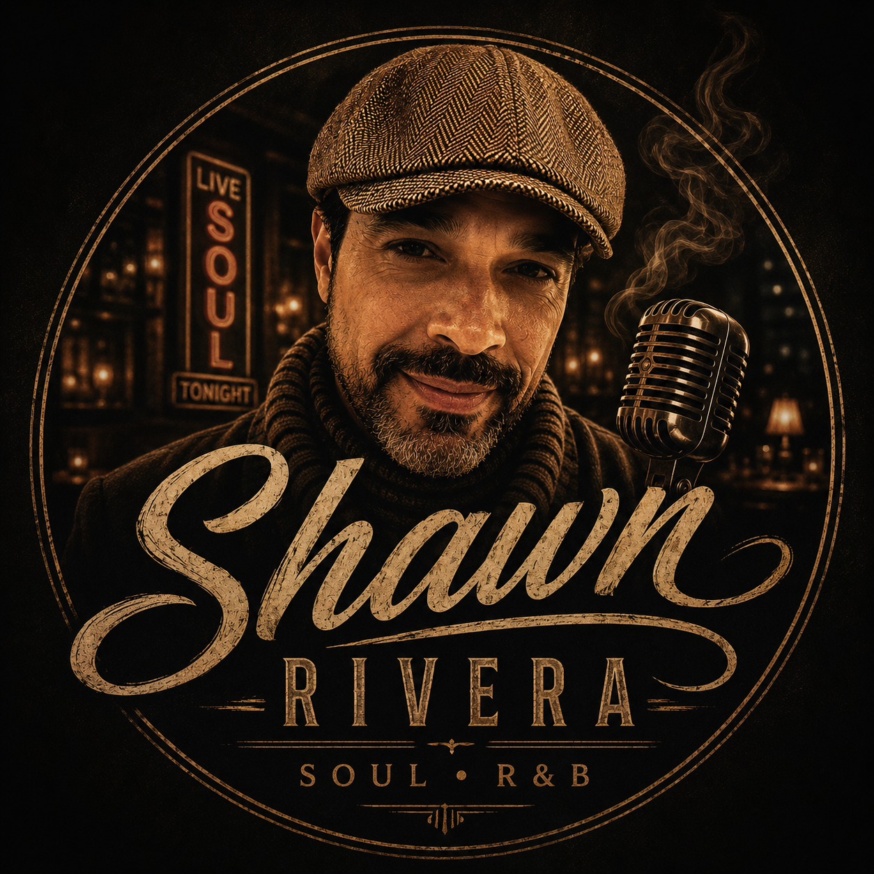 Promotional poster featuring Shawn Rivera, a soulful R&B singer, with a nighttime jazz club background, vintage microphone, and marquee sign that reads "Live Soul Tonight."