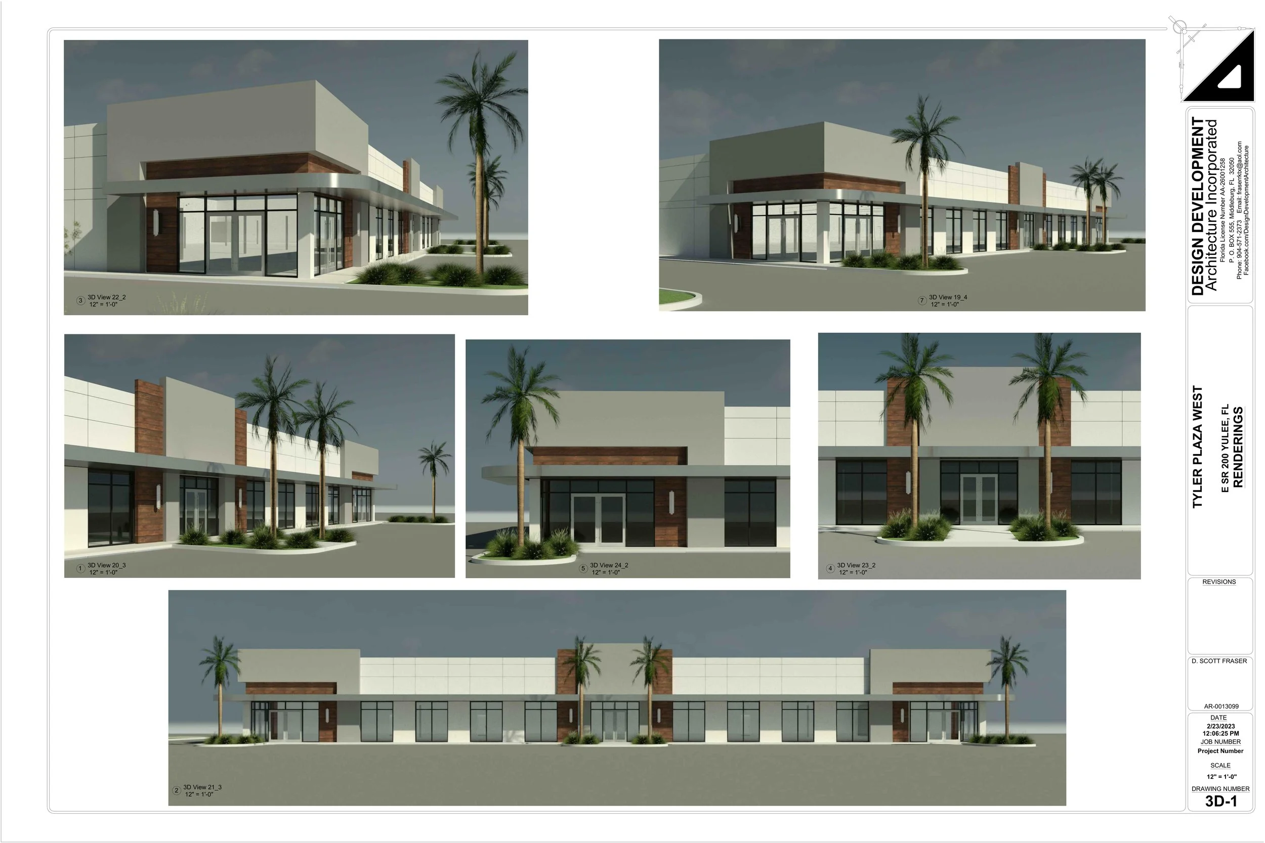 Architectural design plans of a modern commercial building, with multiple views including front, side, and perspective renderings, featuring large glass windows, palm trees, and contemporary materials.