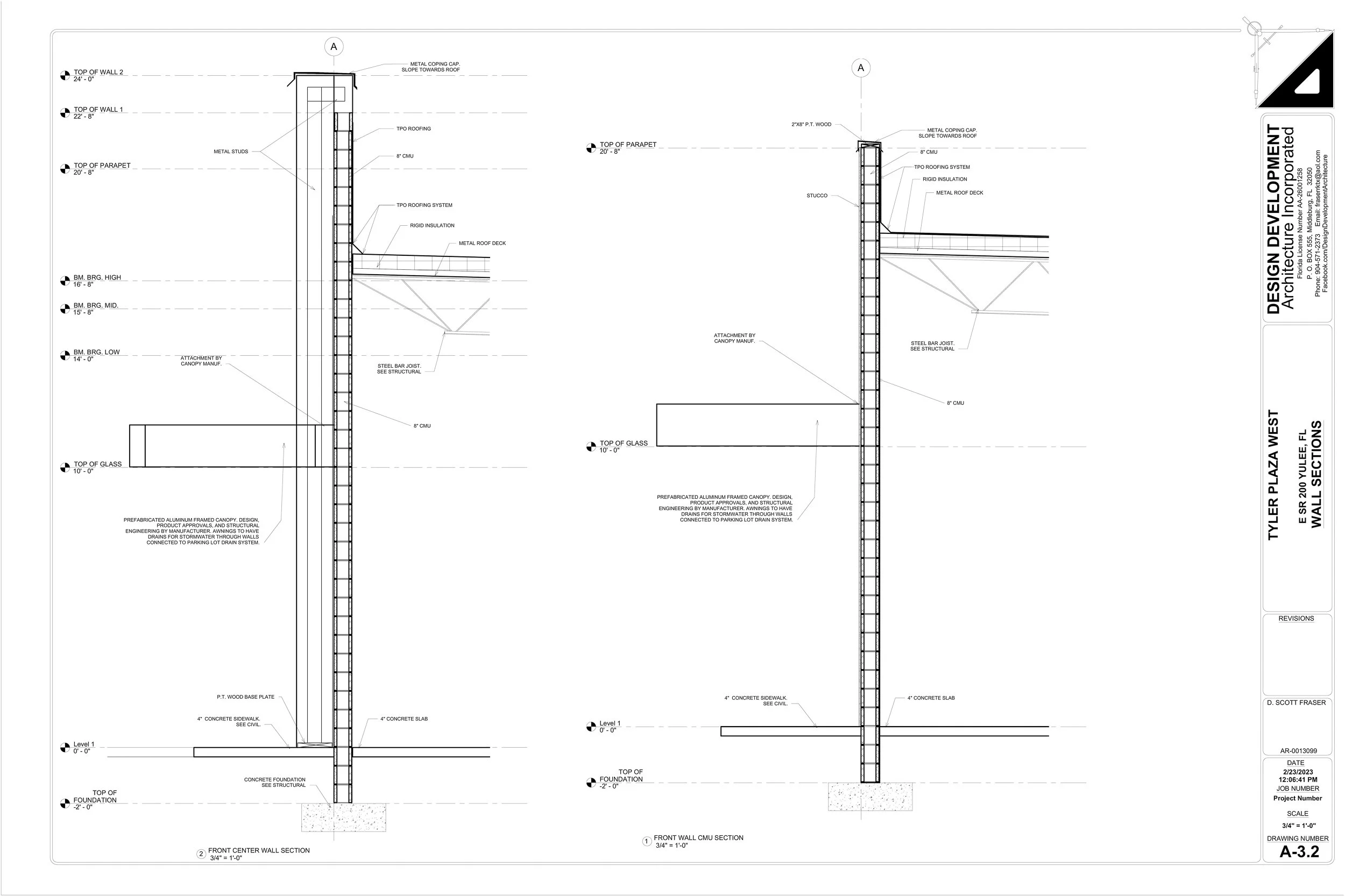 Architectural blueprint of wall sections with detailed measurements and construction notes.