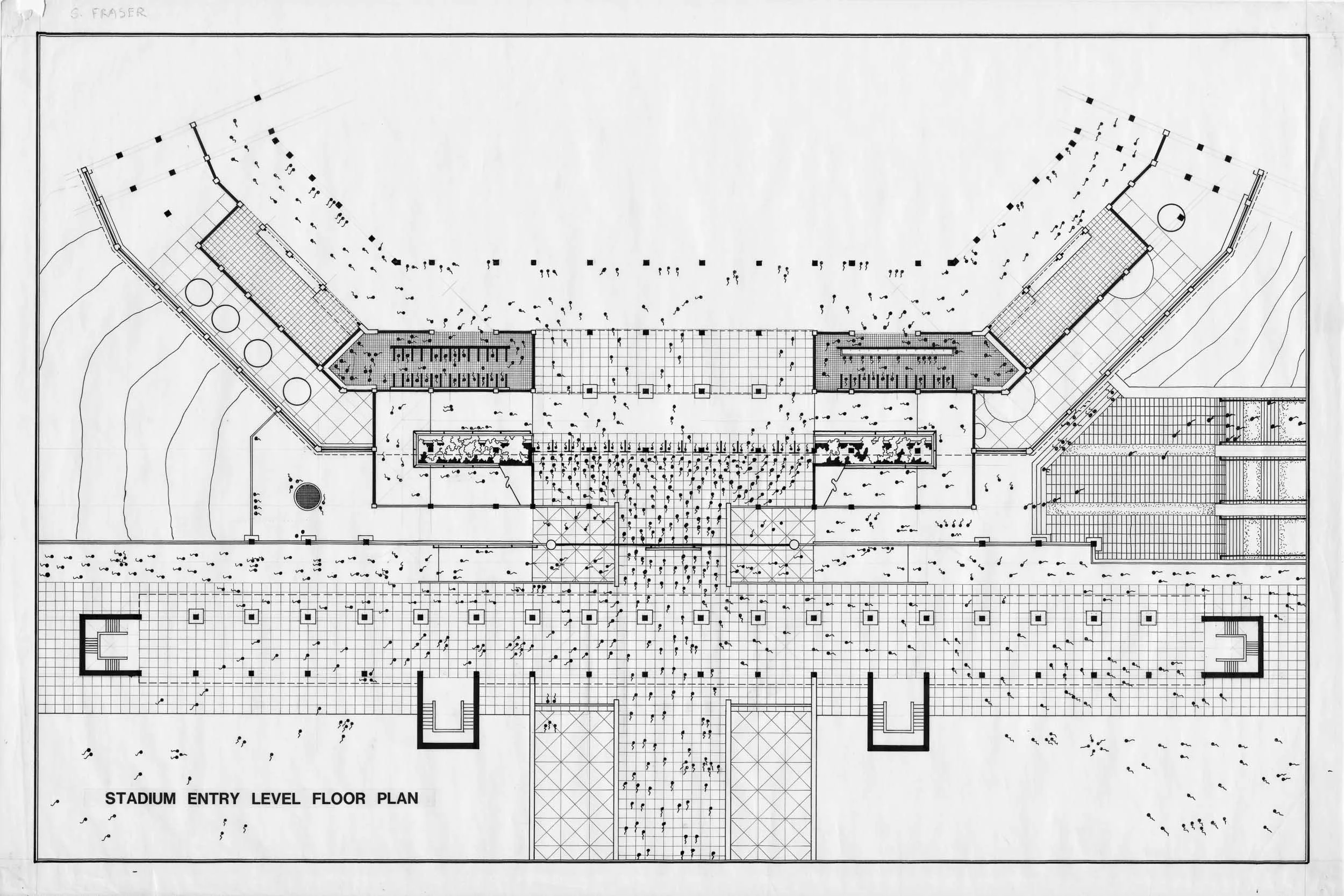 Detailed architectural blueprint of the stadium entry level floor plan.