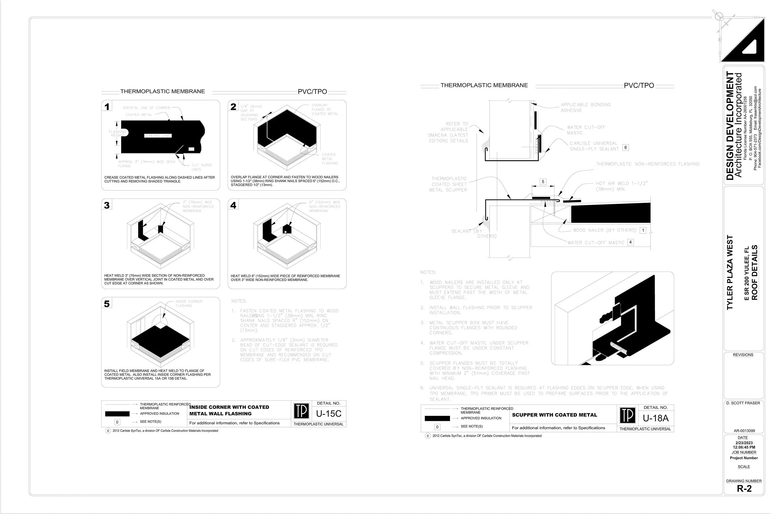 Technical construction drawing with detailed instructions and diagrams for installing metal wall flashing and scupper with coated metal, including measurements, welding, sealing, and bonding details.