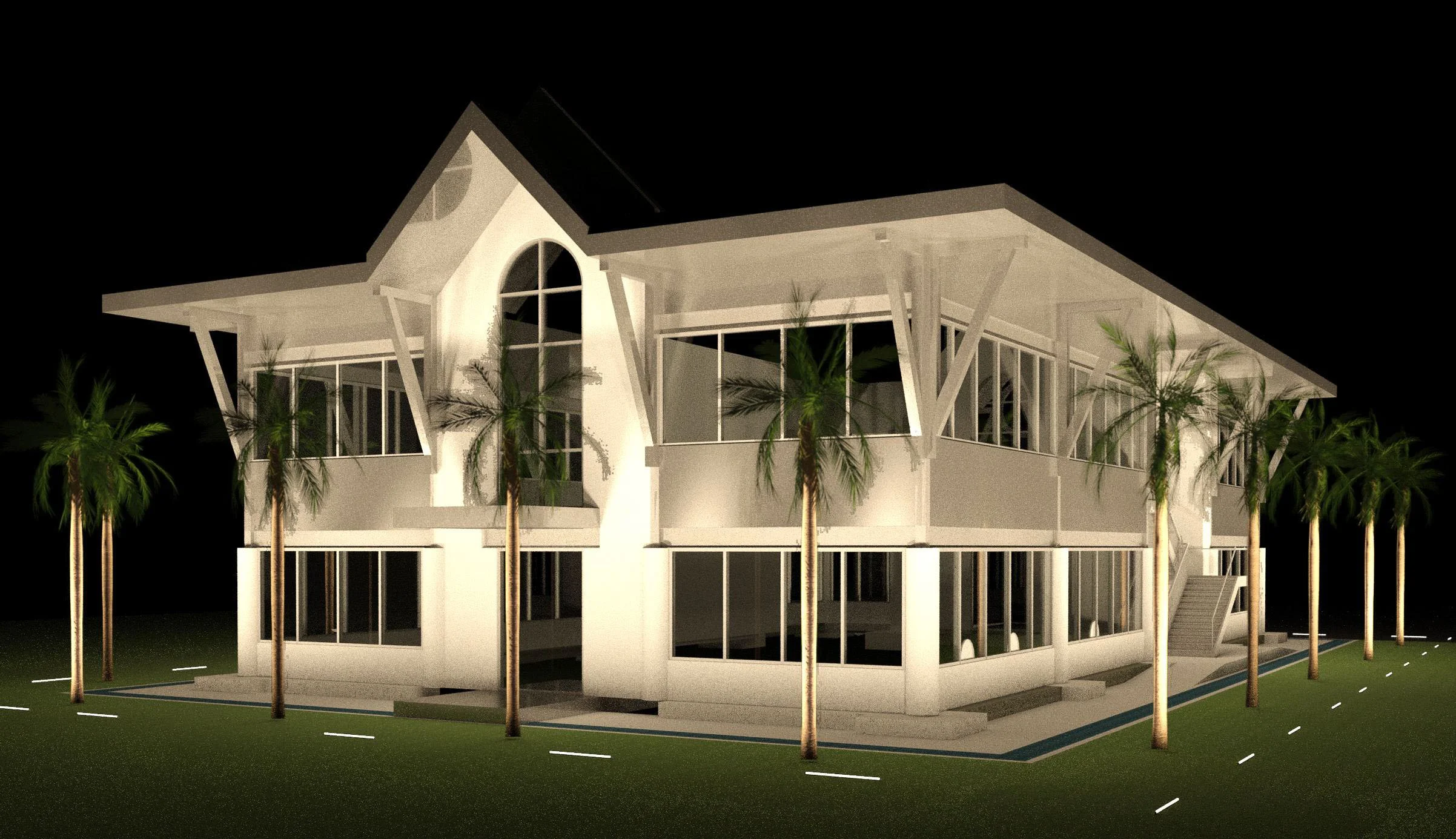 Night view of a modern, two-story house with large windows, white exterior, and palm trees in front.