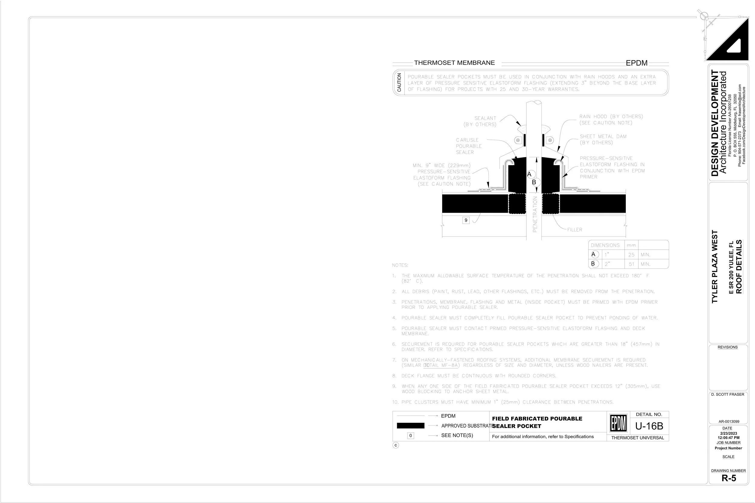 Technical architectural drawing of a thermoset membrane with labeled components and specifications.