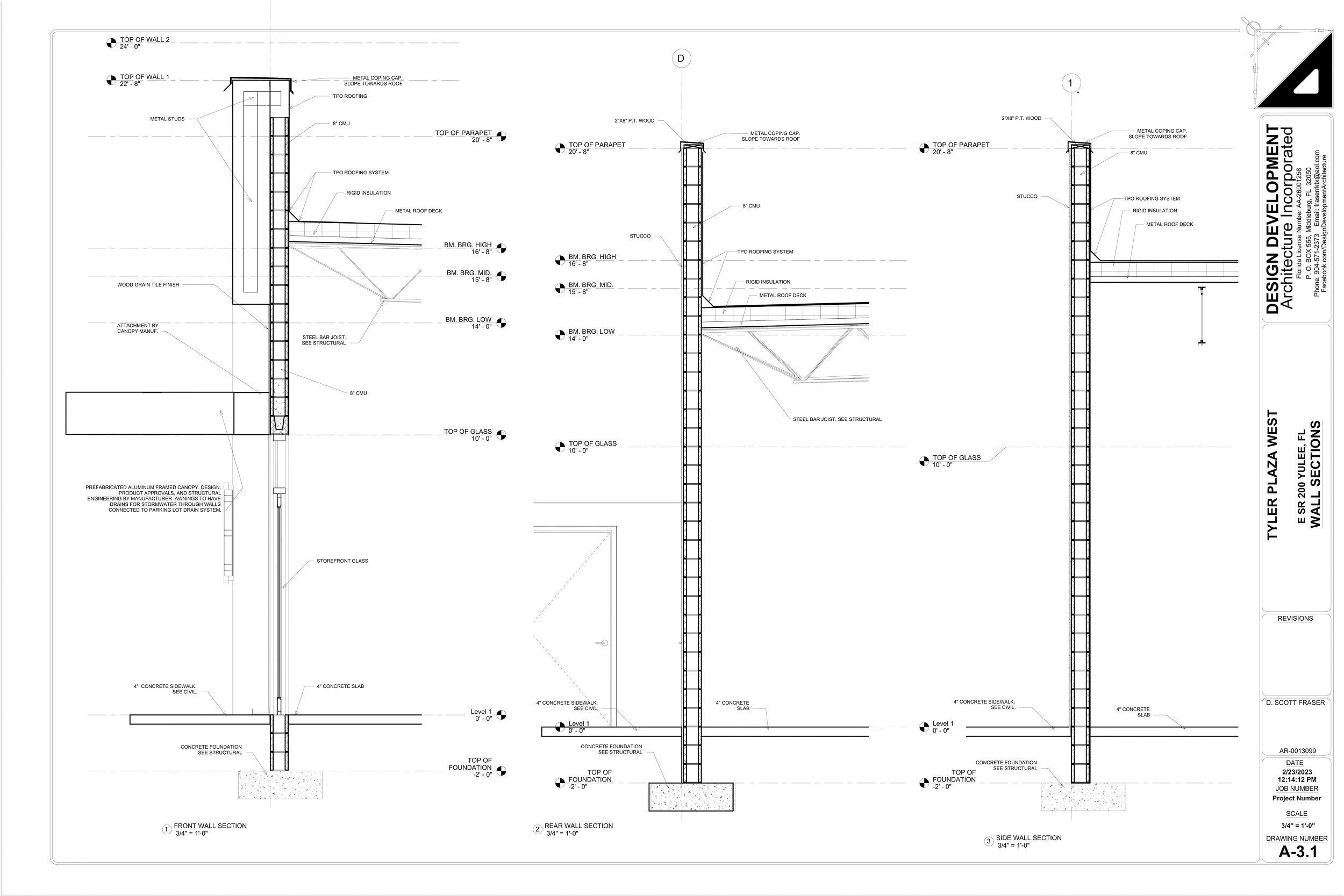 Architectural blueprint of a wall section showing details of foundation, concrete sidewalk, wall materials, and structural components.