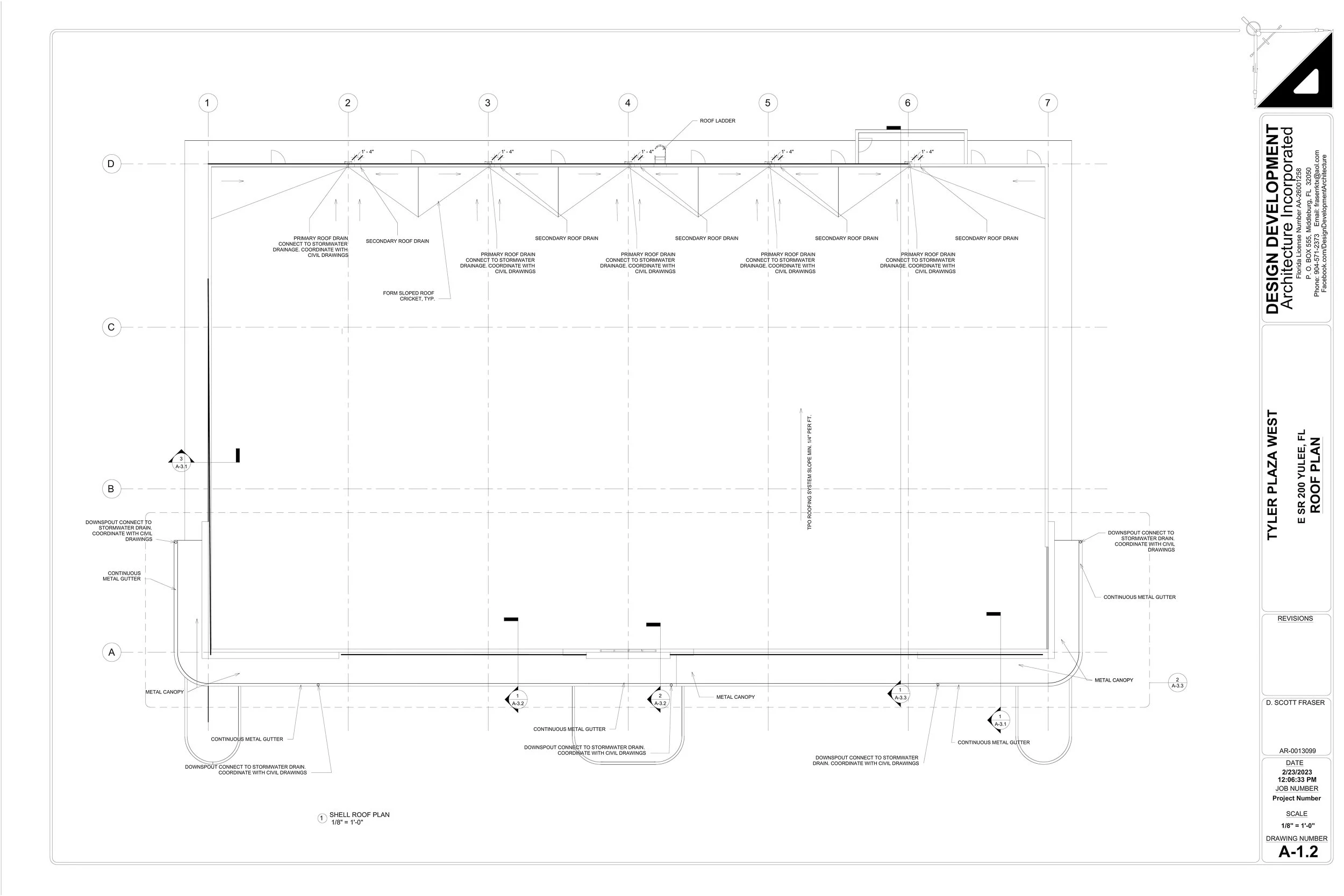 Architectural blueprint of a roof plan with labeled components such as roof drains, gutters, and canopies, including notes on construction details.