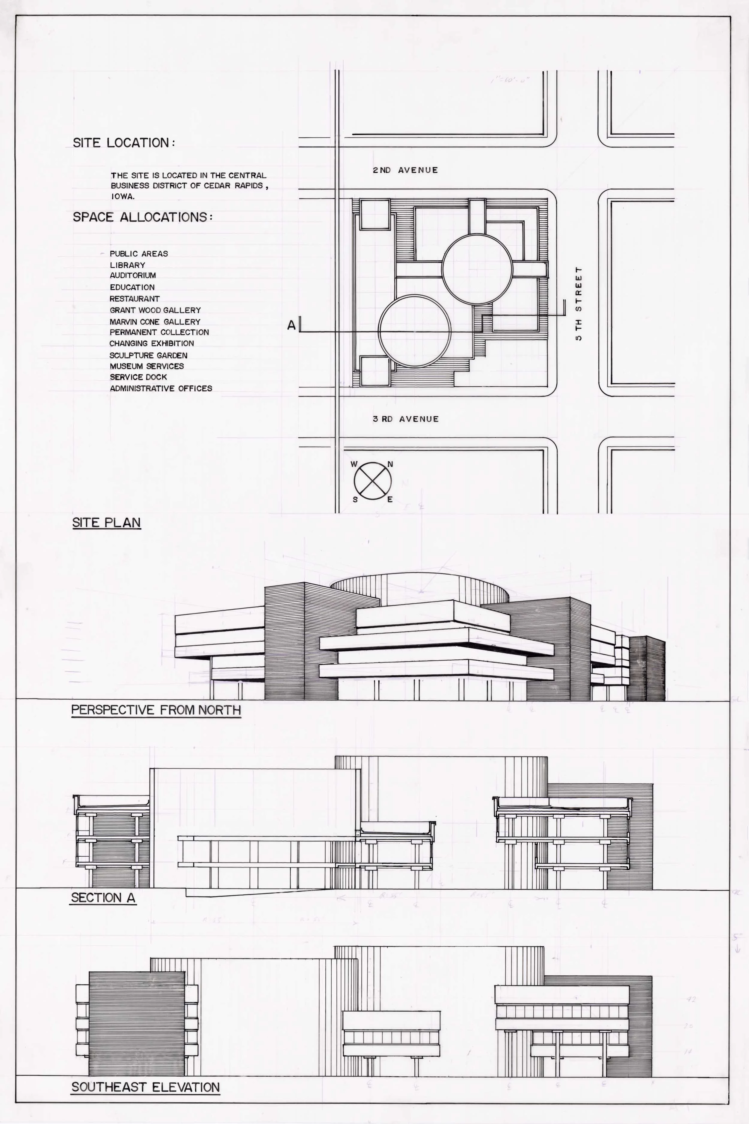Architectural blueprint including site plan, perspective view from north, section view A, and southeast elevation of a modern building.