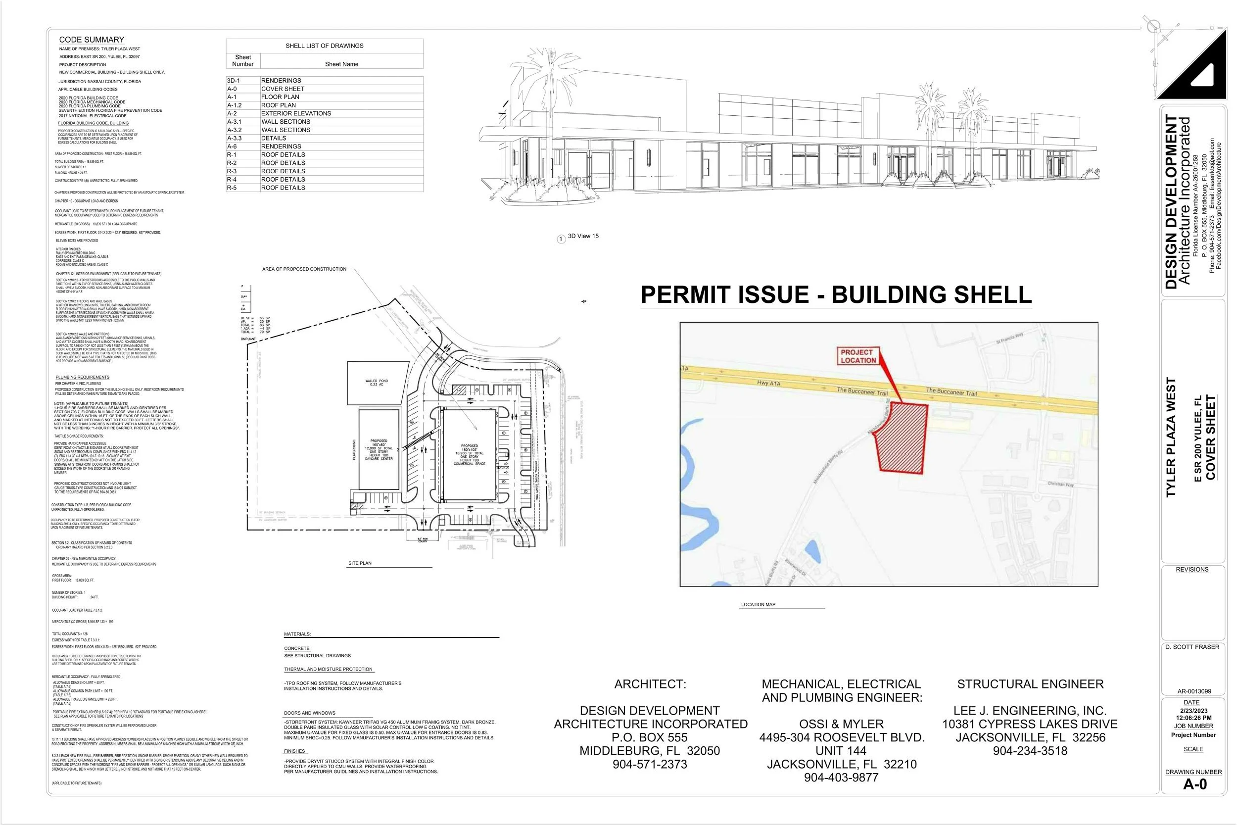 Architectural blueprint for a new commercial building, including site plan, elevations, and construction details, with project location marked on map.