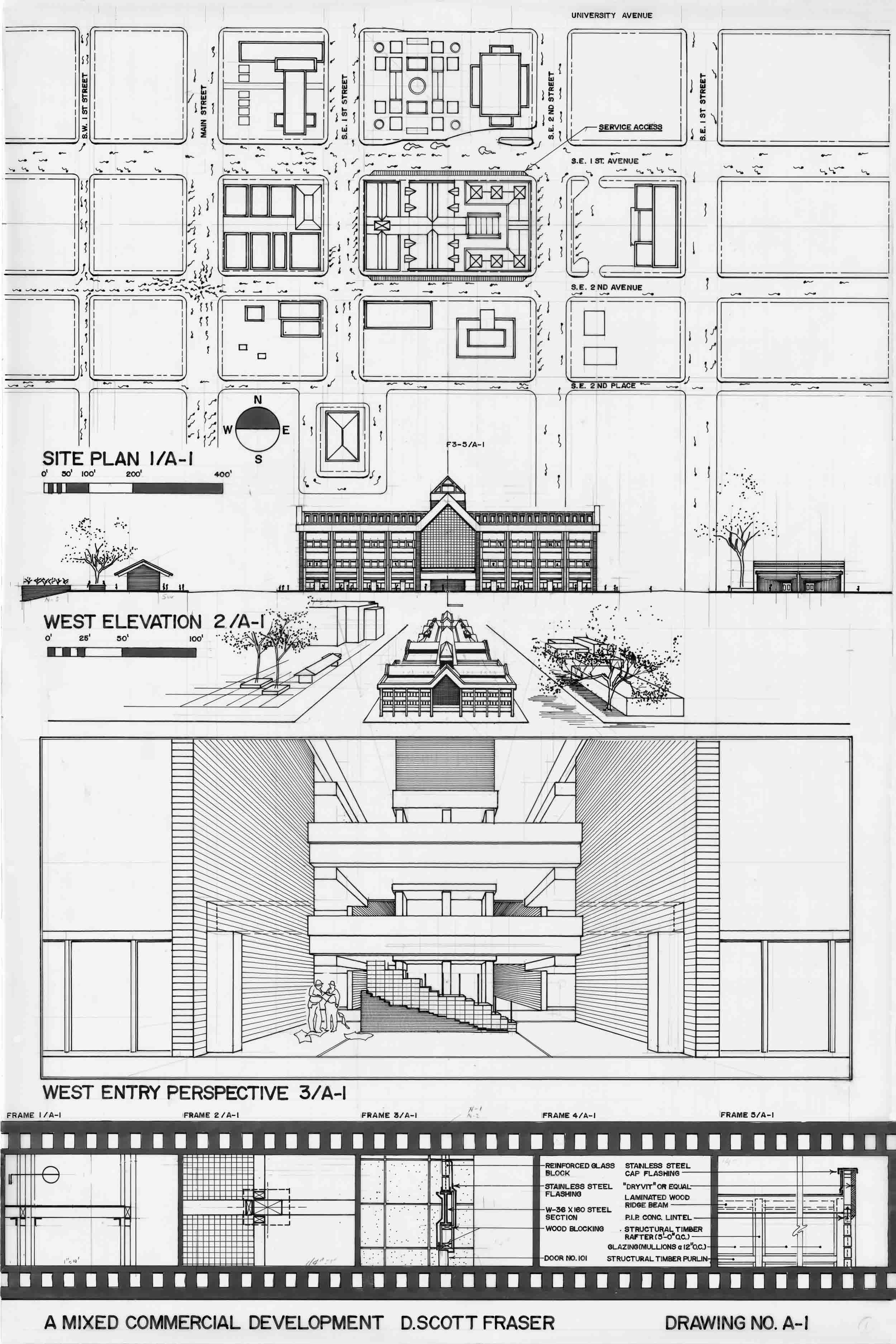 Architectural blueprint of a mixed commercial development, including site plan, west elevation, west entry perspective, and detailed construction plans with labeled measurements and materials.