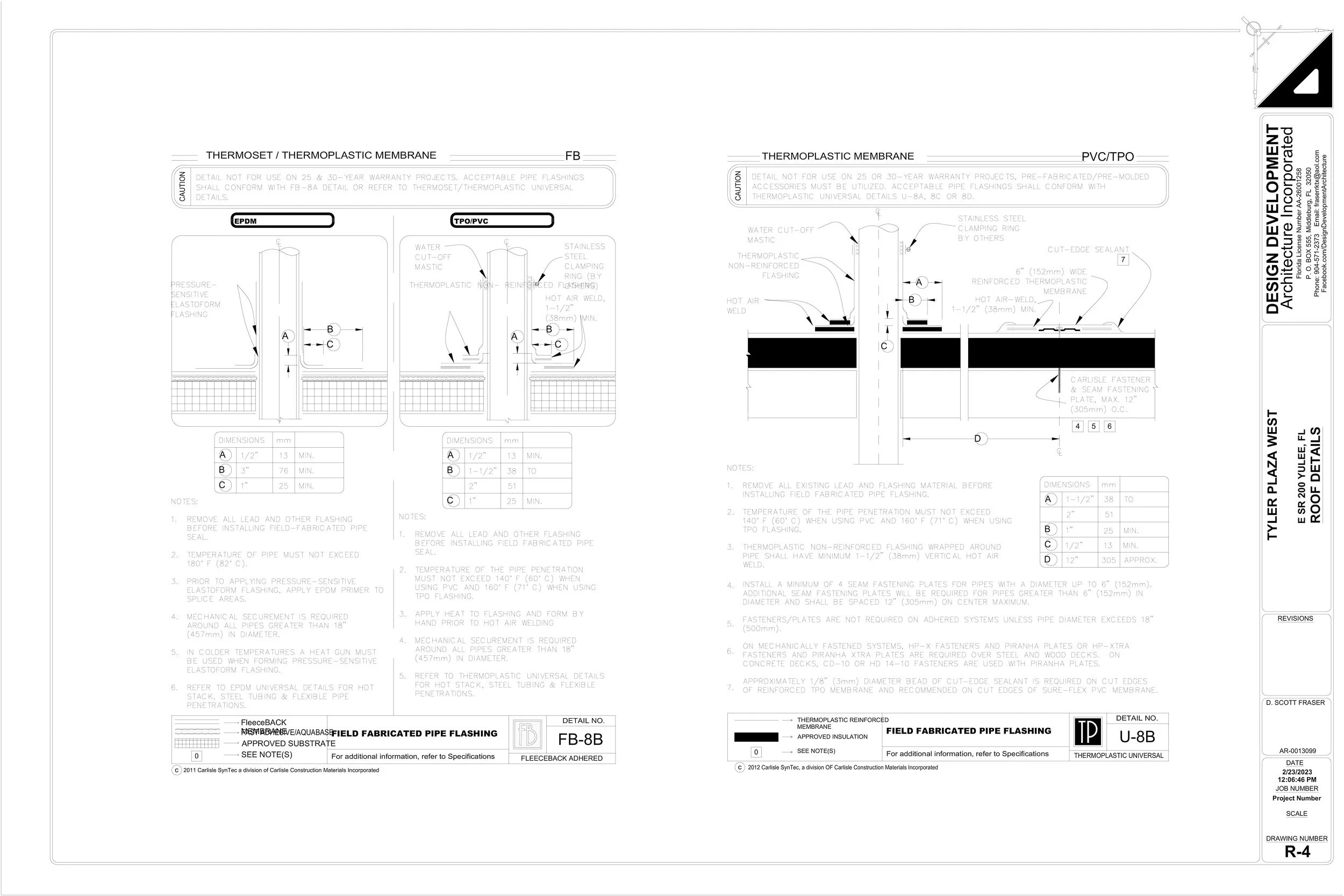 Technical construction drawing for pipe flashing with detailed specifications and measurements.