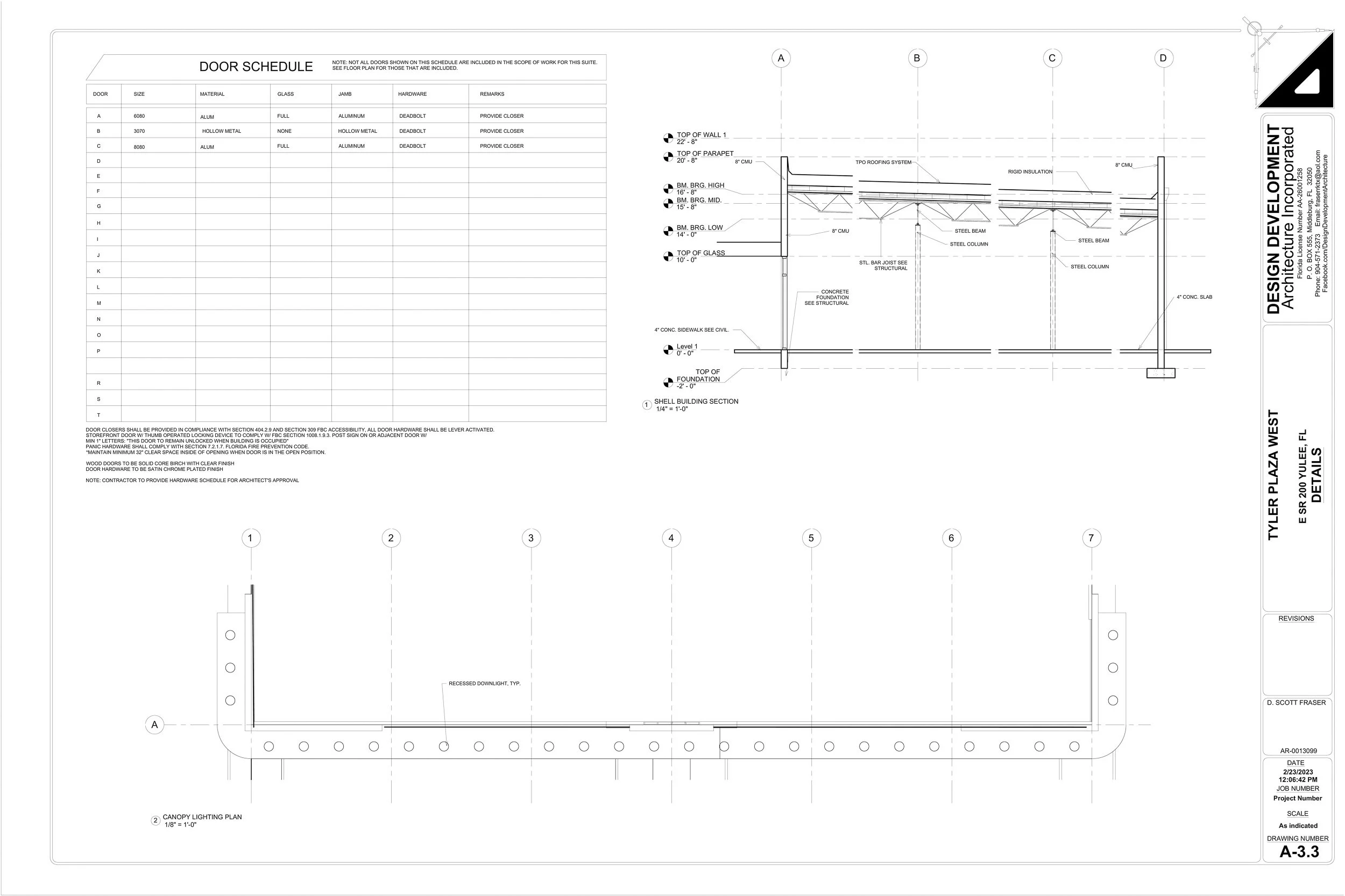 Architectural blueprint for a door installation, including door schedule, wall section, and lighting plan details.