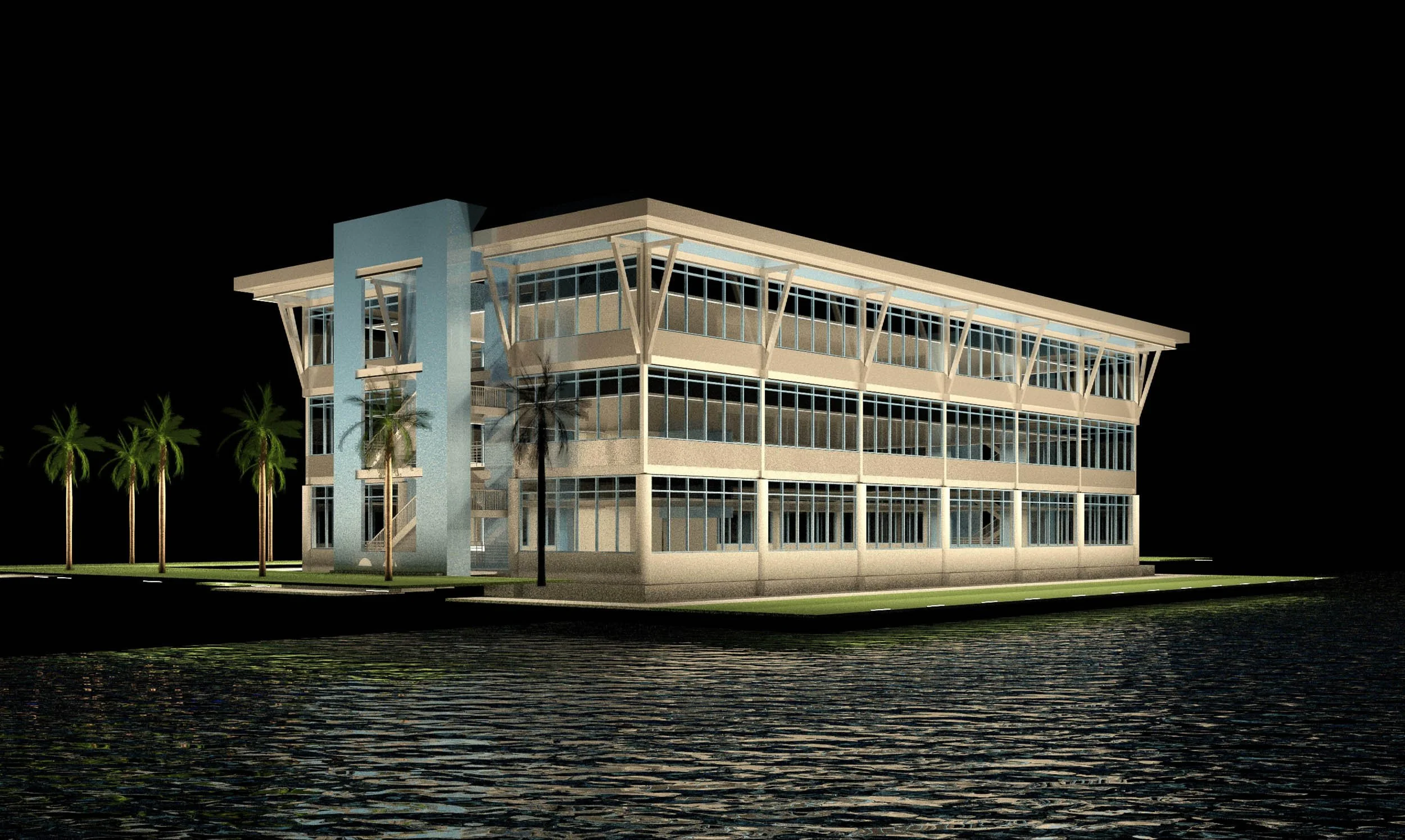 Nighttime rendering of a modern, multi-story office building with glass walls and a blue accent wall, surrounded by palm trees, with water in the foreground.