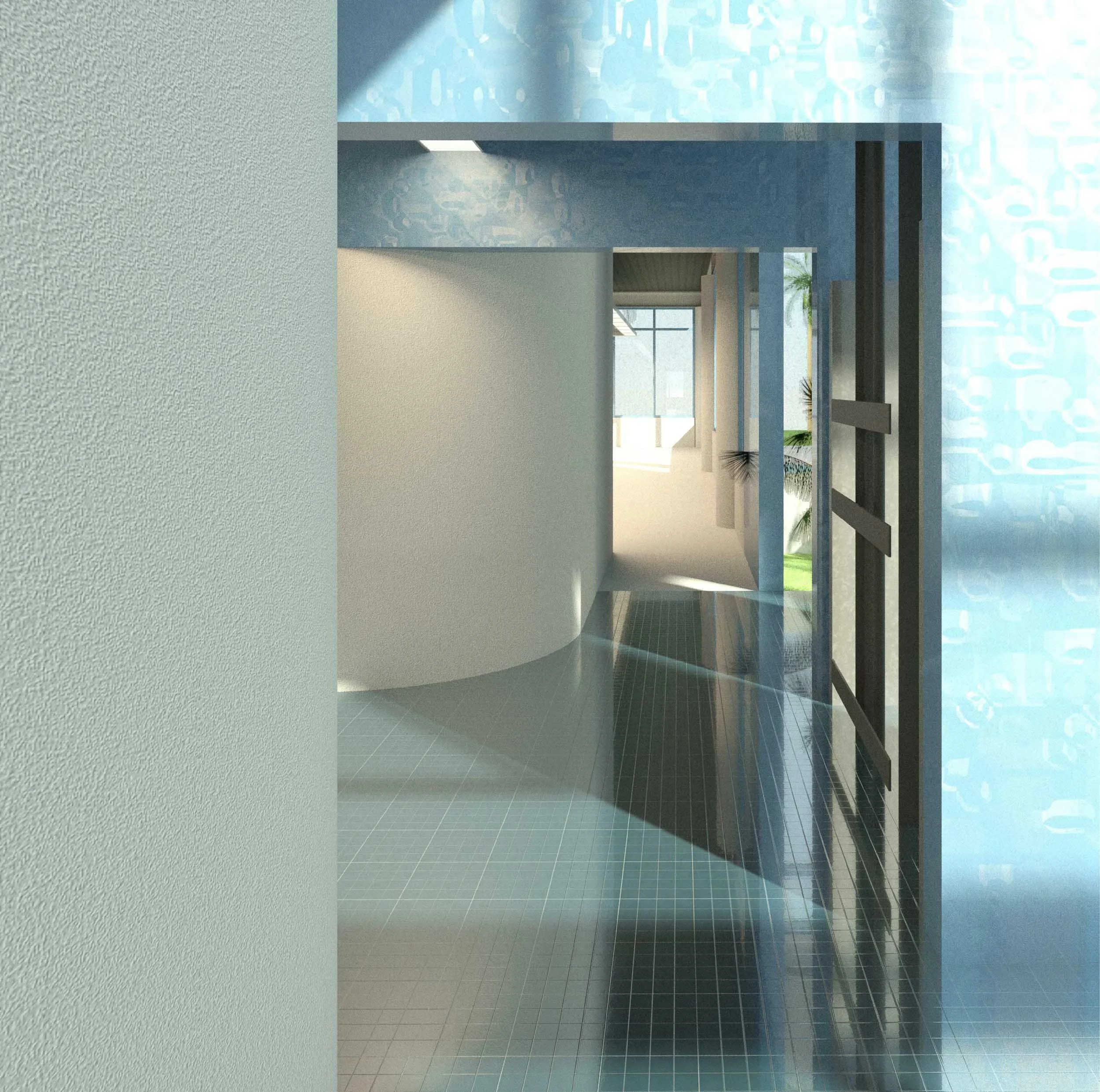 Empty modern bathroom with black tiled floor, white and grey textured walls, a walk-in shower with glass door, and a large window with a view of greenery outside.