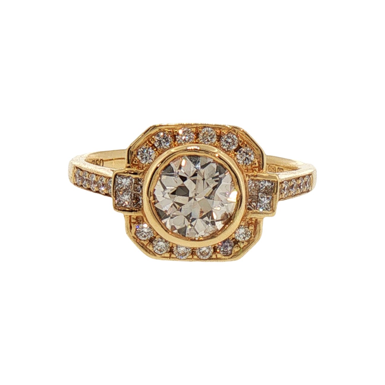 Art Deco Inspired Old Mine Cut Diamond Halo Cluster Ring in Yellow Gold