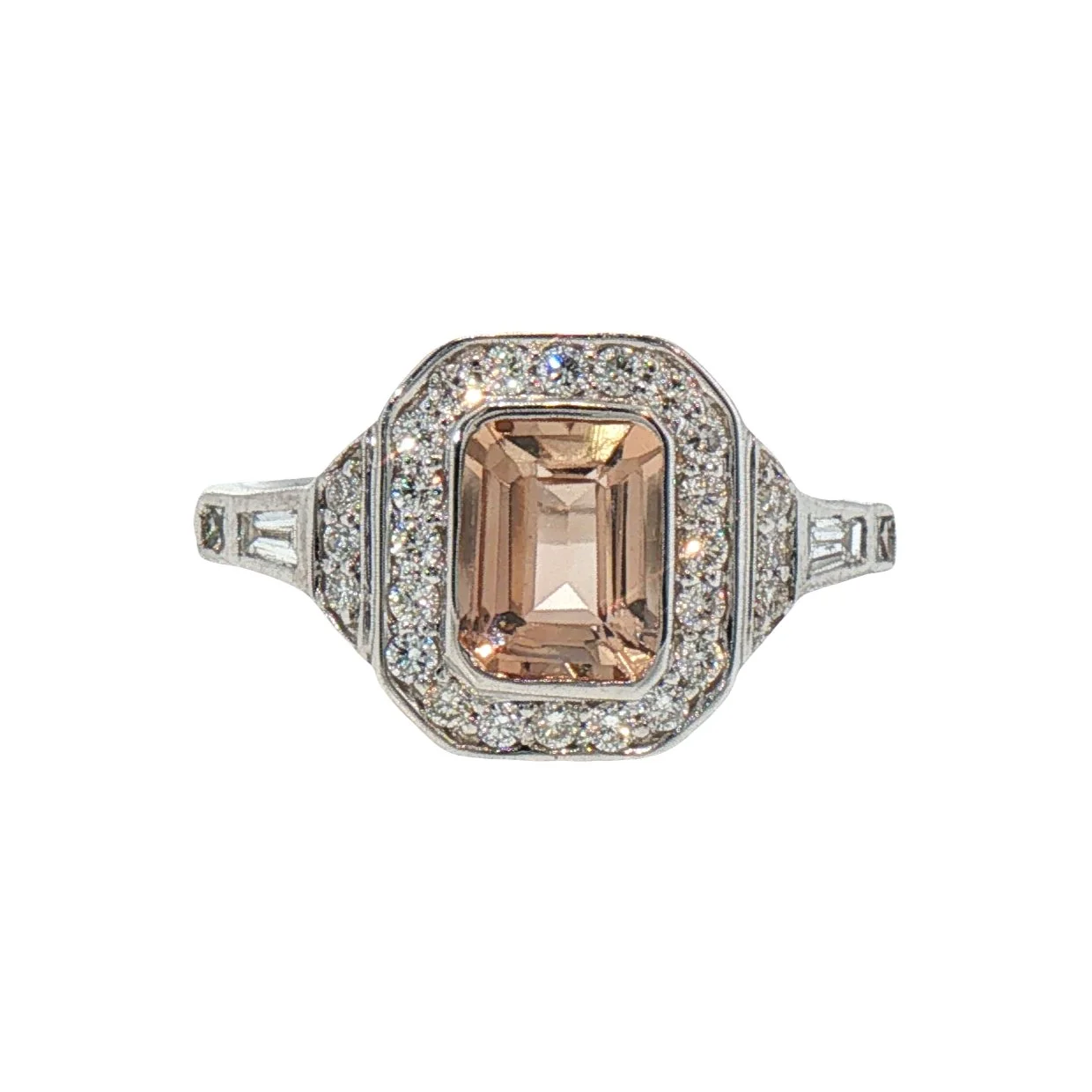 Art Deco Style Peach Tourmaline and Diamond Halo Cluster Ring