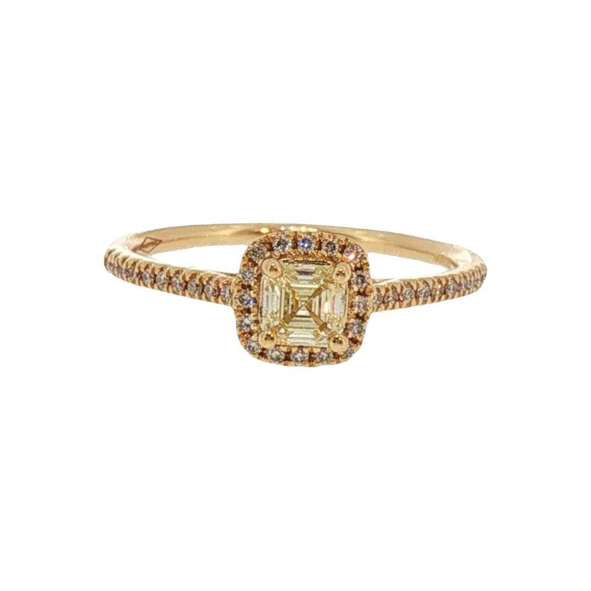 Asscher Cut Yellow Diamond Halo Cluster Ring in Yellow Gold